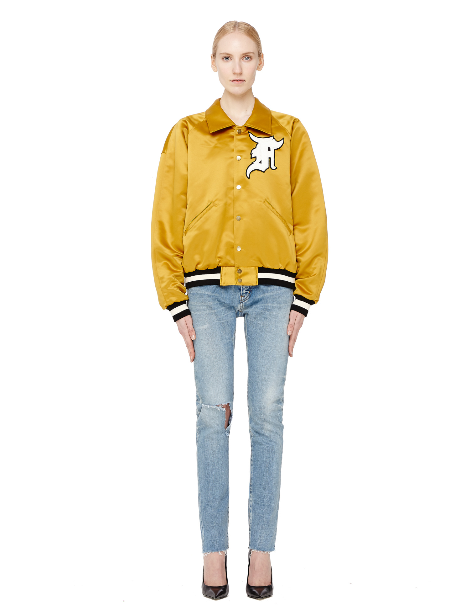 Fear of God Золотой атласный бомбер с нашивками