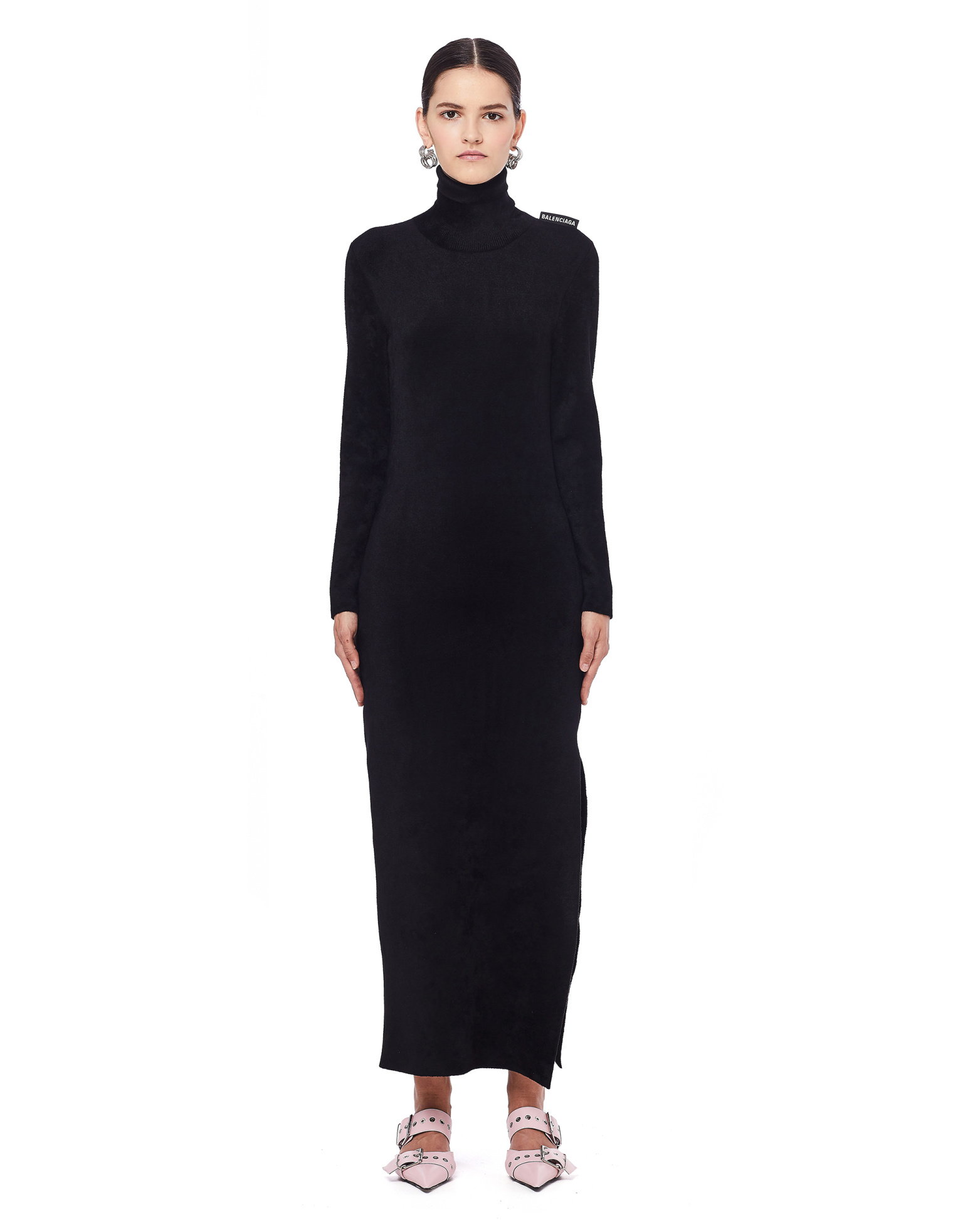 Balenciaga Black Velvet Turtleneck Fitted Dress