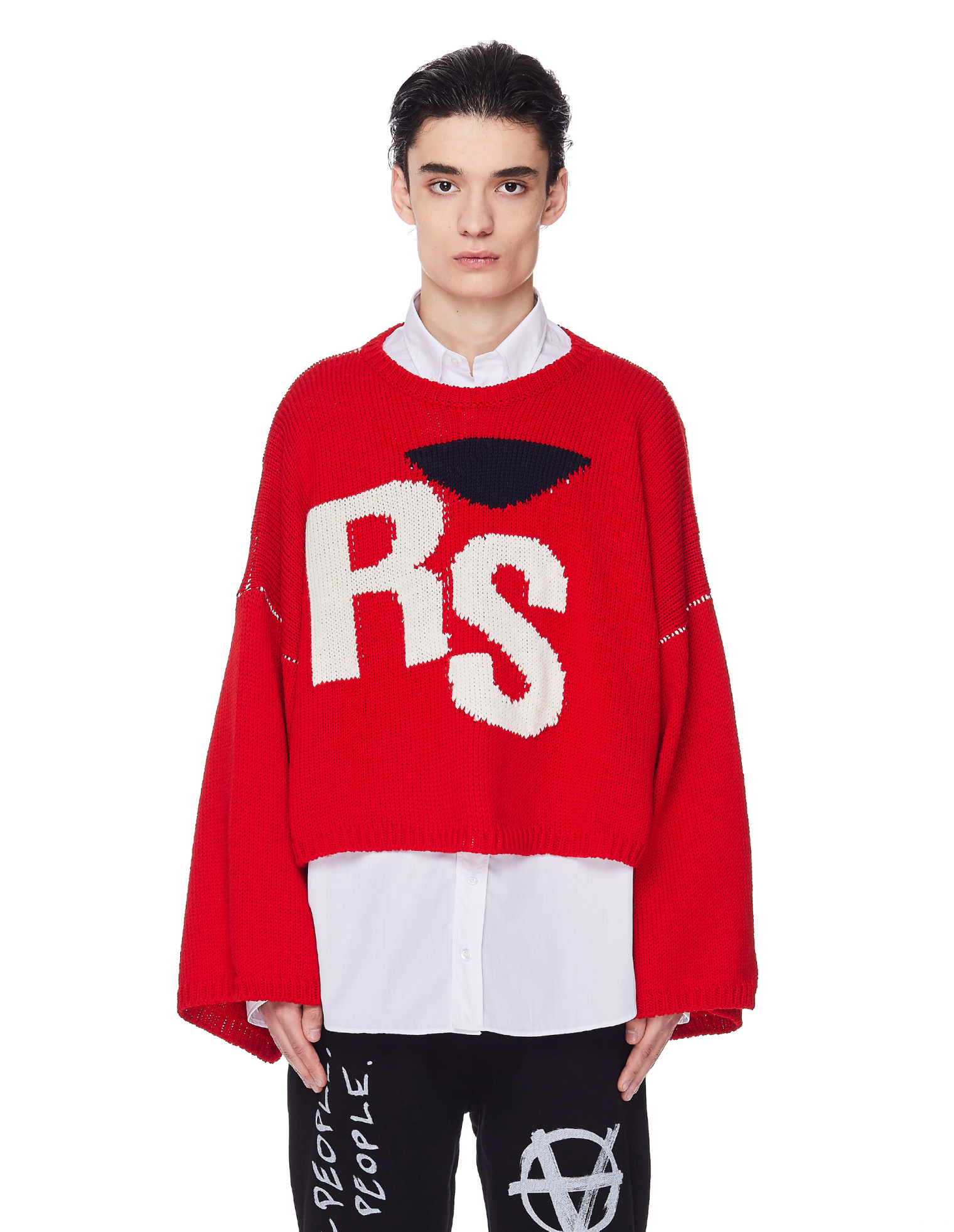 Raf Simons Red Cropped Oversized RS Sweater