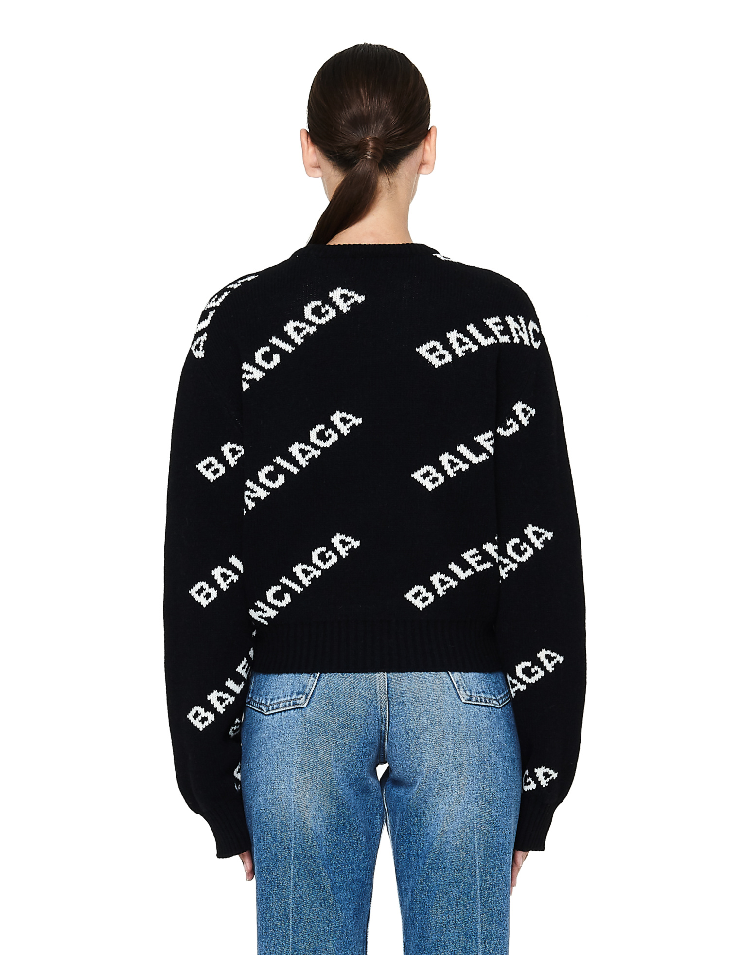 Balenciaga Black Wool Jacquard Logo Crewneck