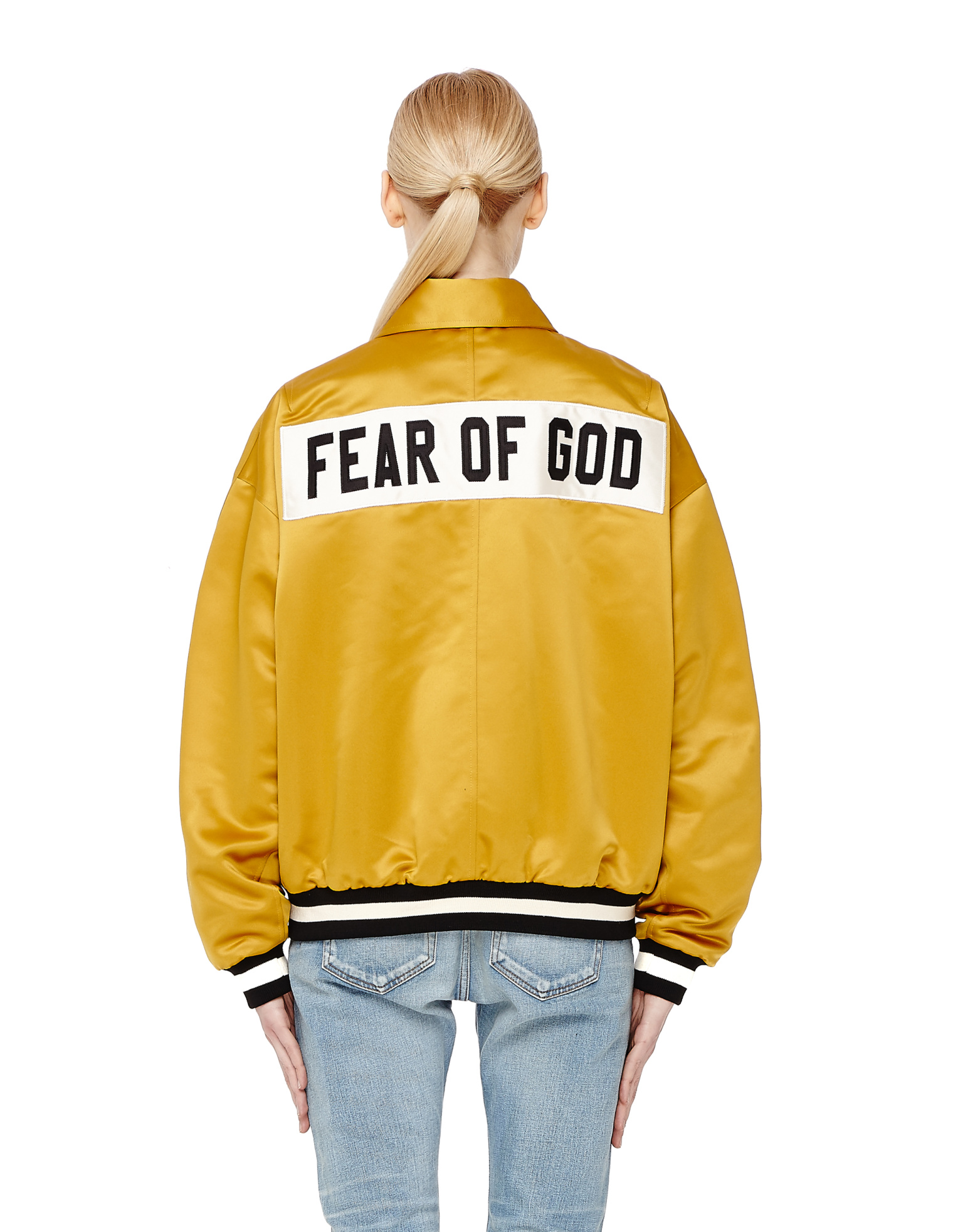 Fear of God Золотой атласный бомбер с нашивками