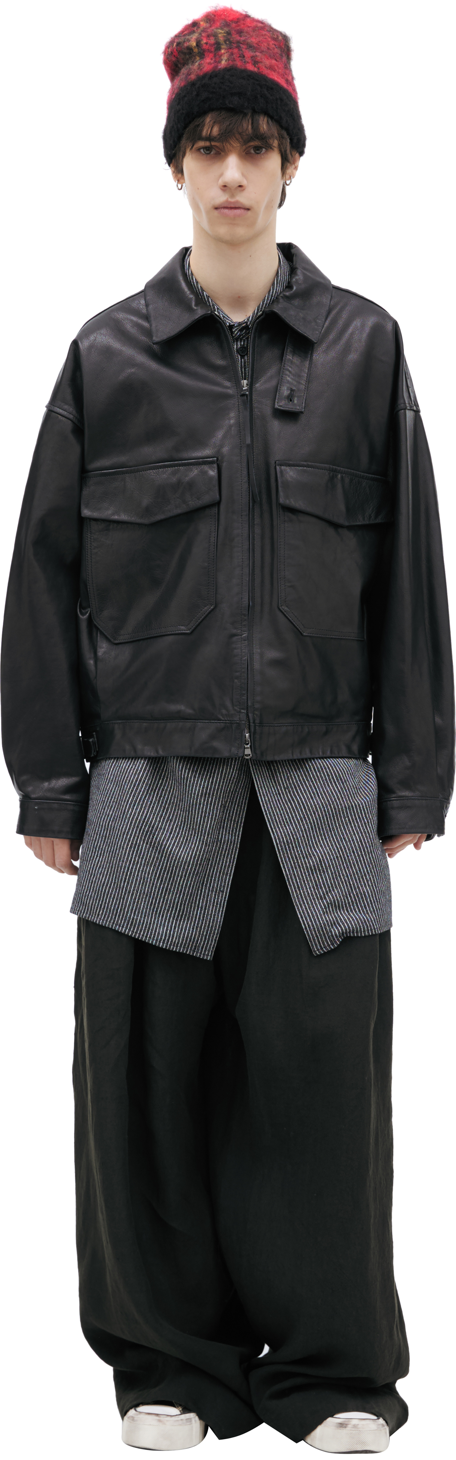 Buy The Viridi-Anne men black leather jacket with patch pockets