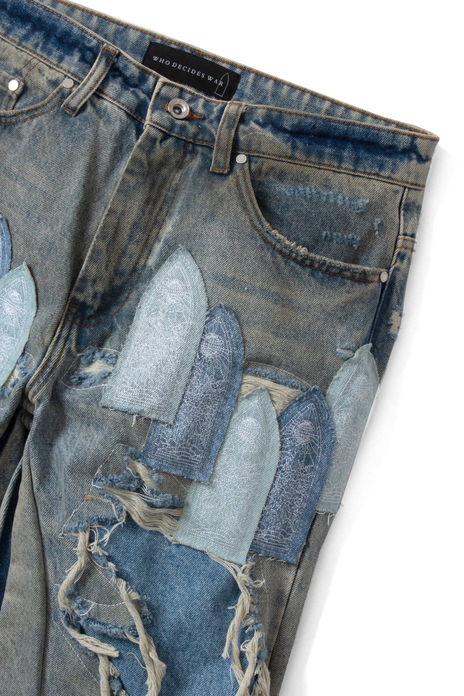 Who Decides War Patched Arch Repaired Blowout Denim Pants