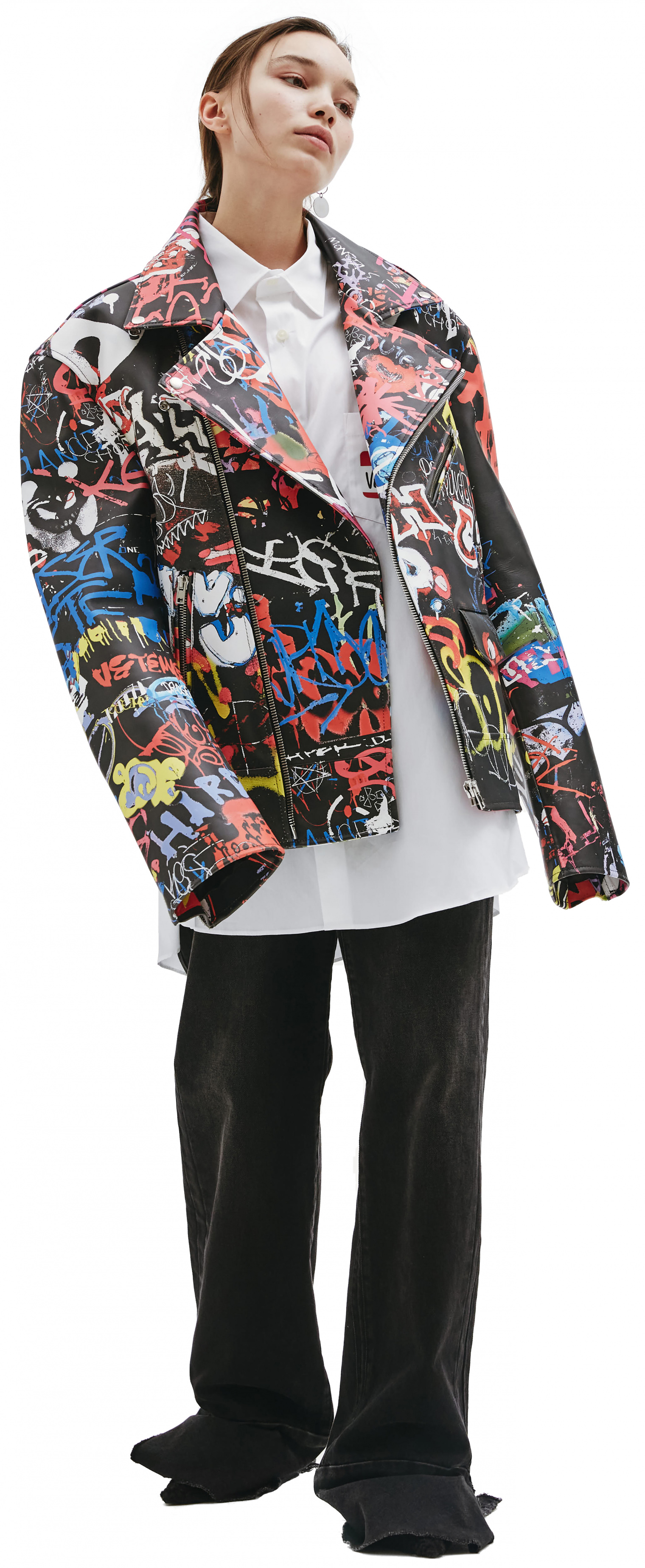 Buy VETEMENTS women multicolor graffiti printed leather jacket for