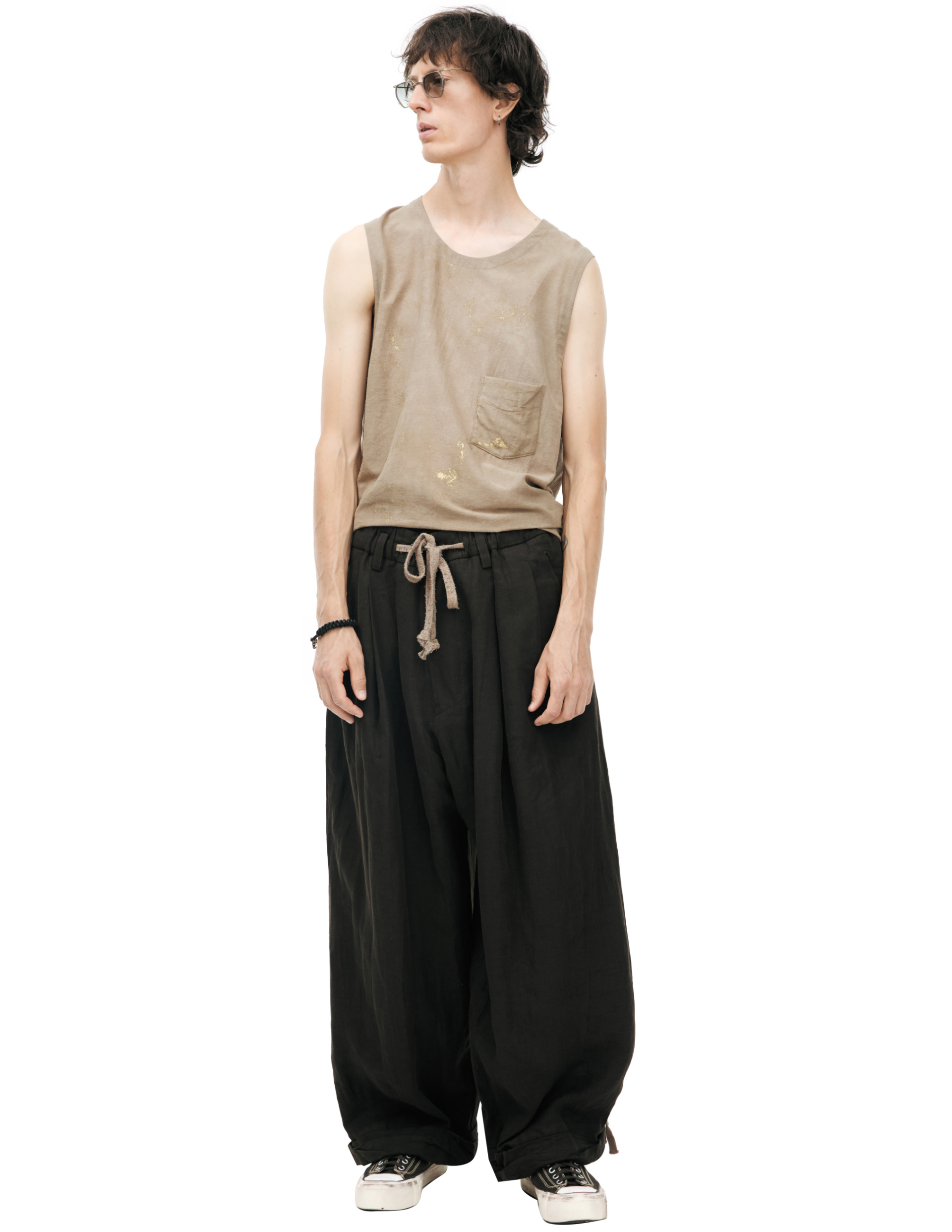 Ziggy Chen Брюки-0M2610536 свободные, с защипами, эластичный пояс с кулиской и шлевками для ремня, коричневые