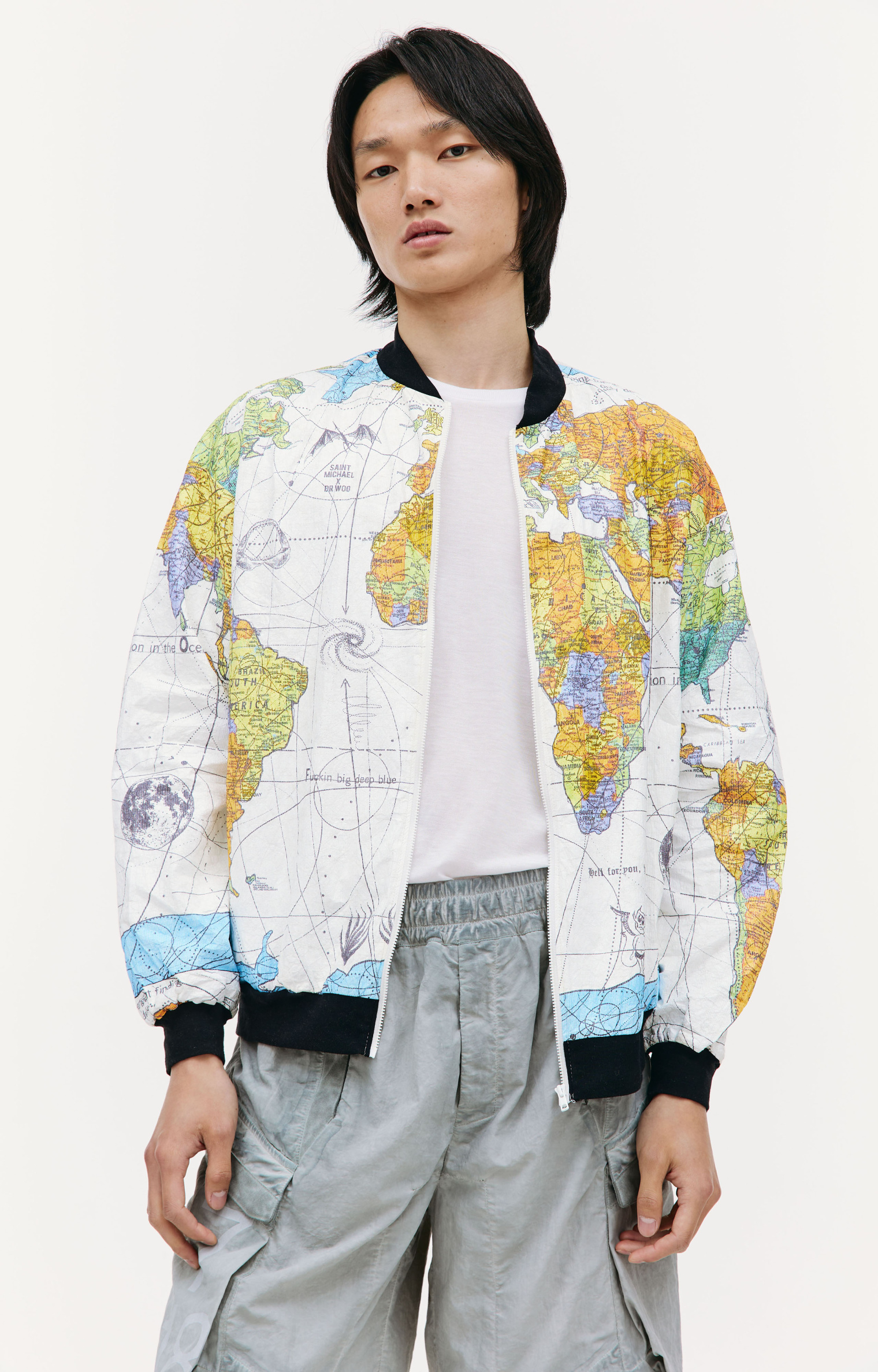 Saint Michael Saint Michael x Dr. Woo world map bomber jacket