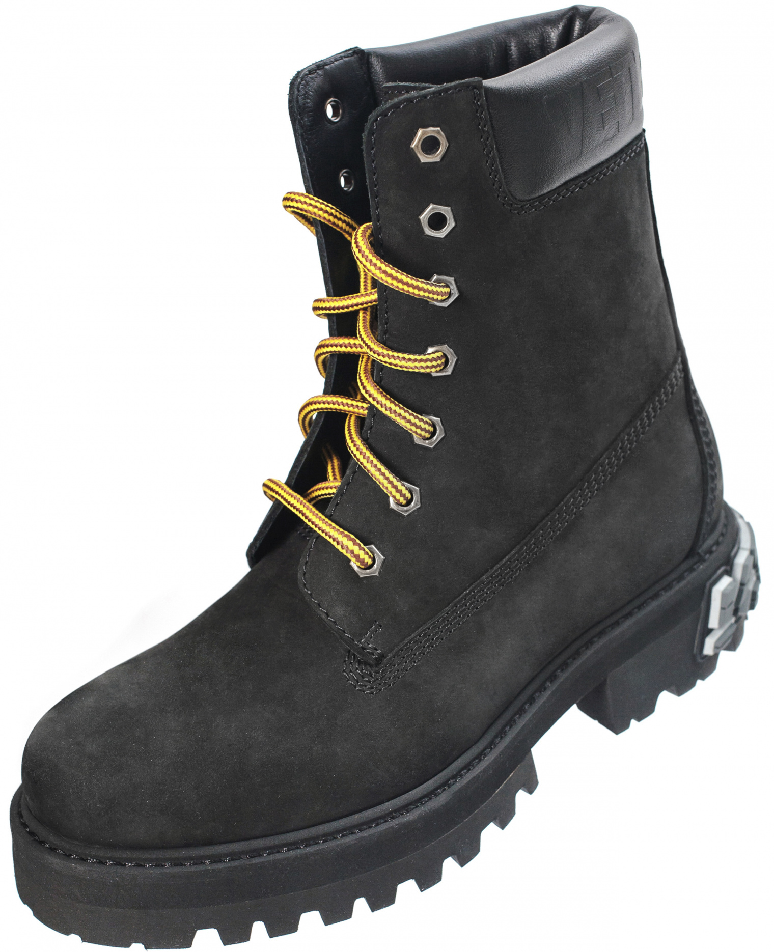 Buy VETEMENTS men black rubbered logo boots for $723 online on