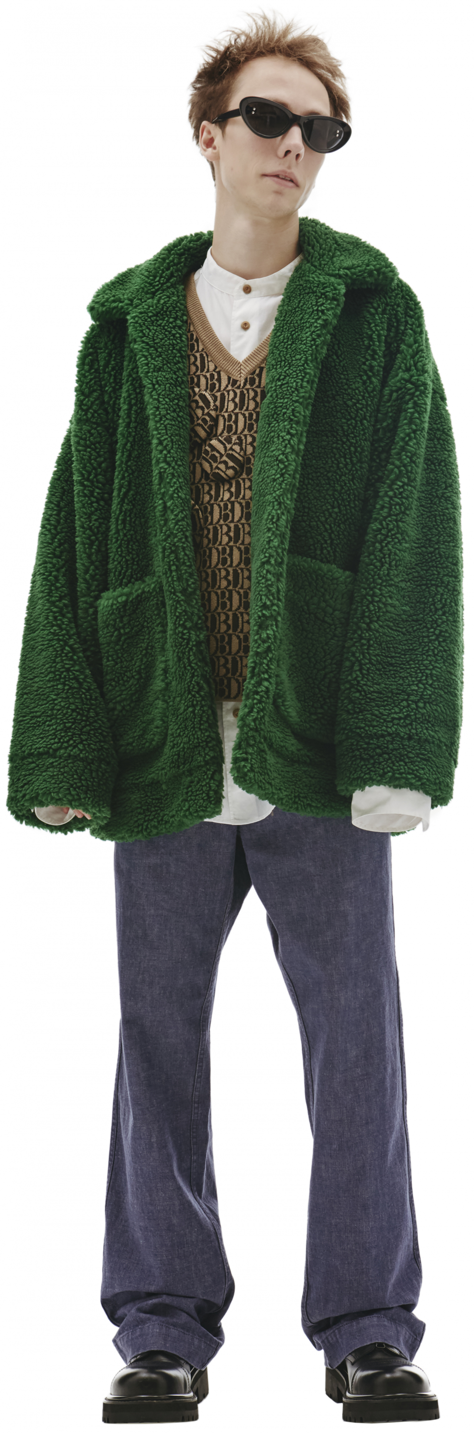 Doublet Painting Print Faux-Shearling Green Coat
