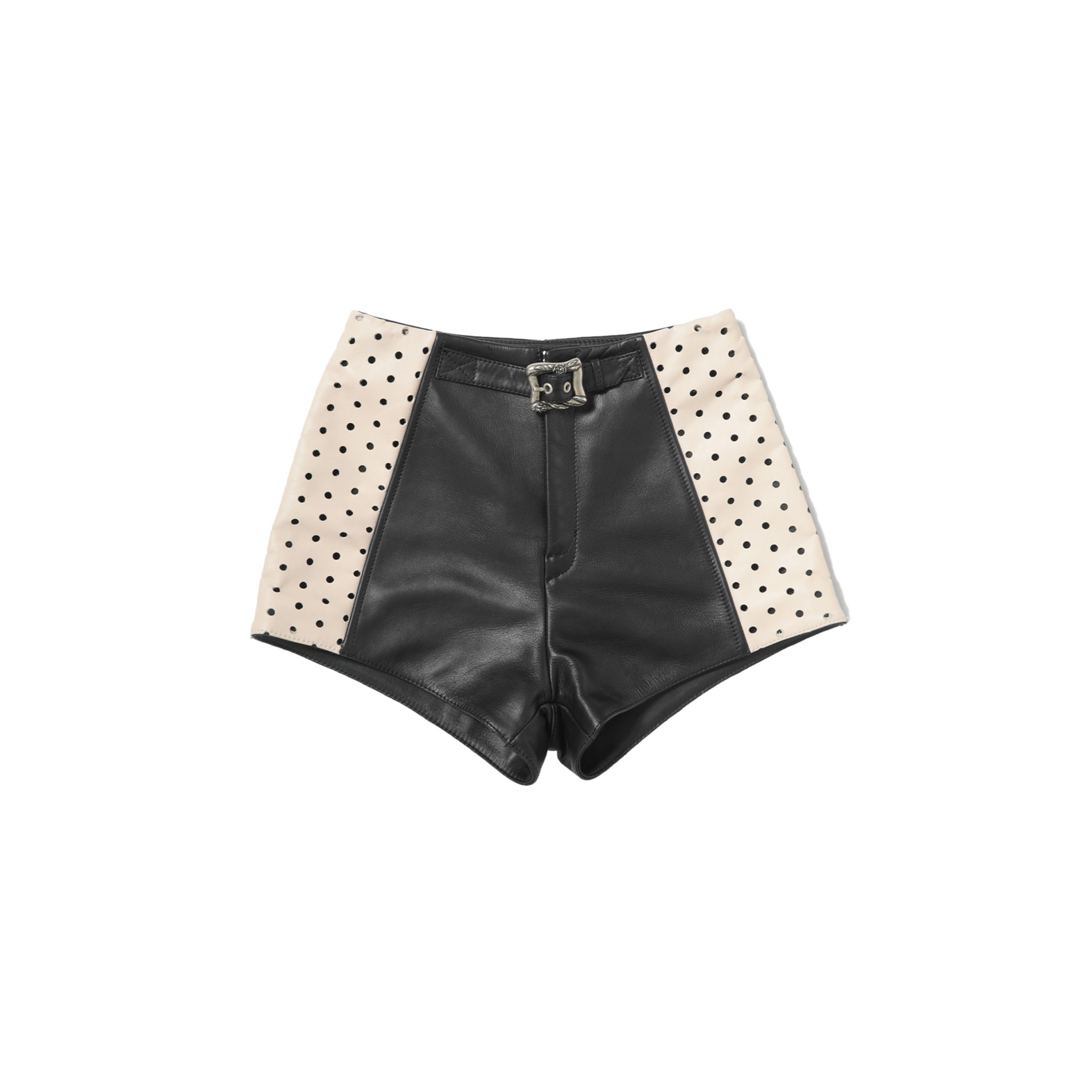 Enfants Riches Déprimés Шорты-120-583 кожа,бежевые вставки с дырочками,короткие,сзади лого и патч,черные