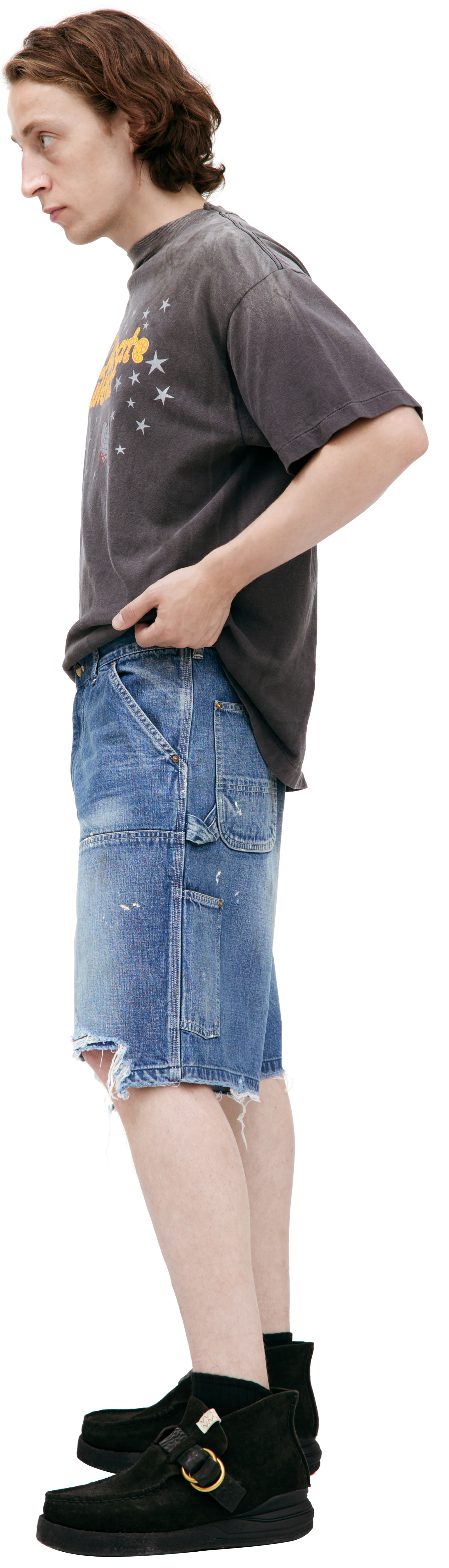 Saint Mxxxxxx Шорты-SM-HR8-0000-073 Джинсовые,рванные снизу, карго, в краске, лого сзади. голубые