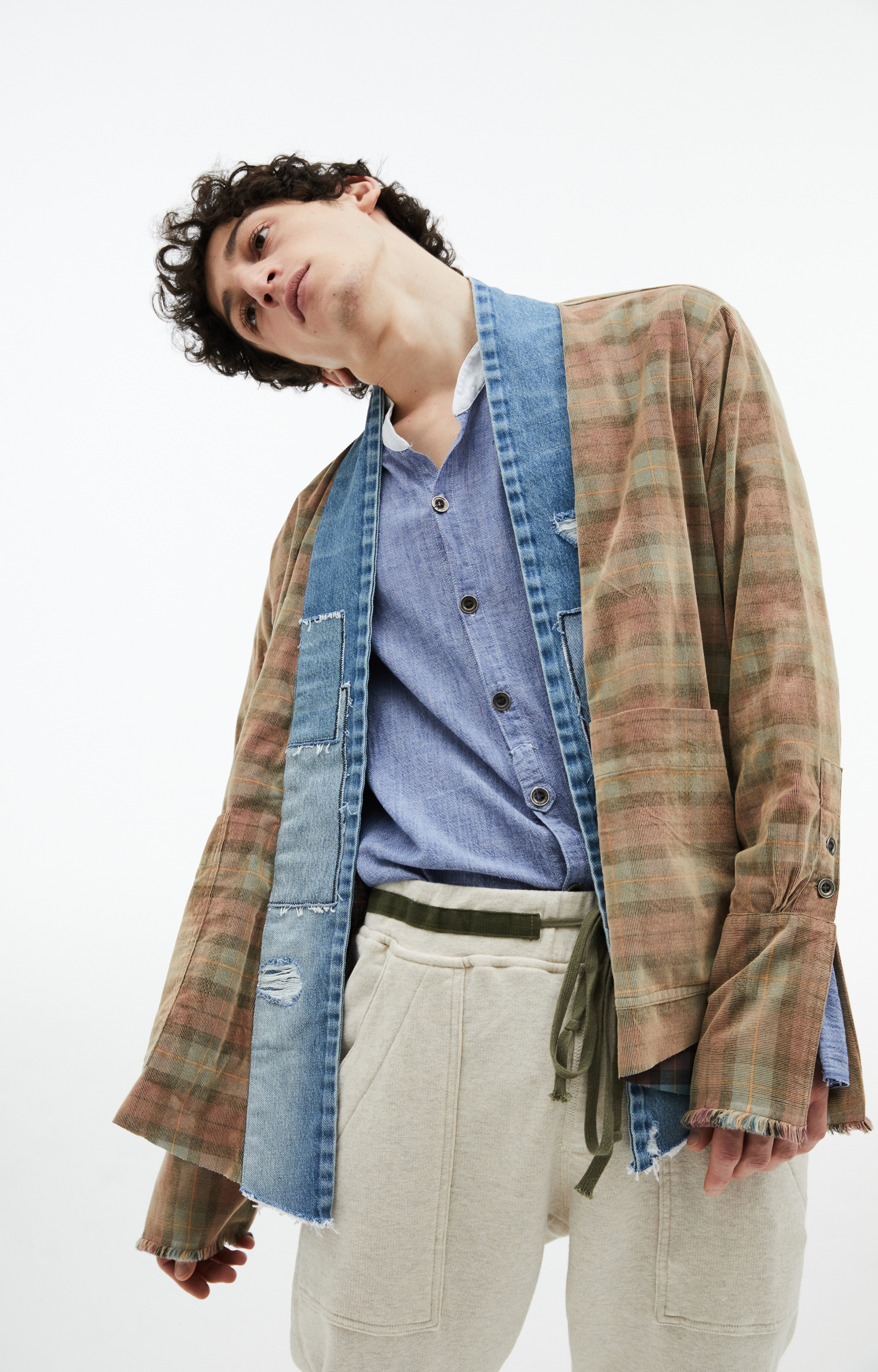 Greg Lauren Brown Shirt With Denim Inserts