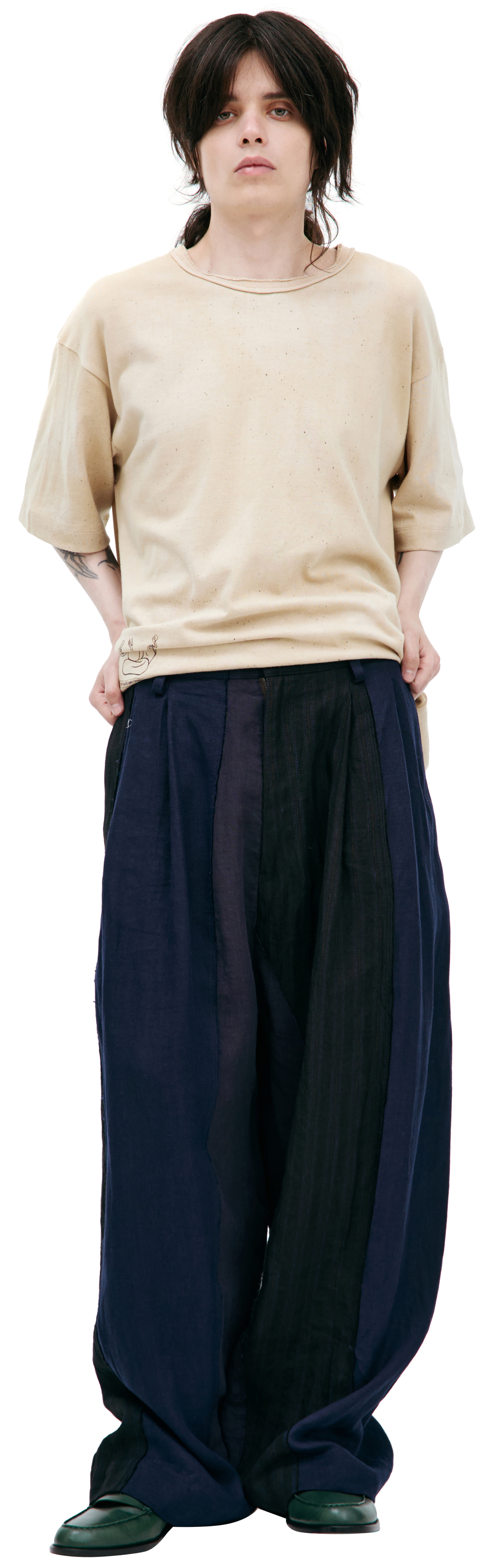 Ziggy Chen Брюки-0M2520511 широкие, из разных тканей, синий, синий в полоску, синий в клетку