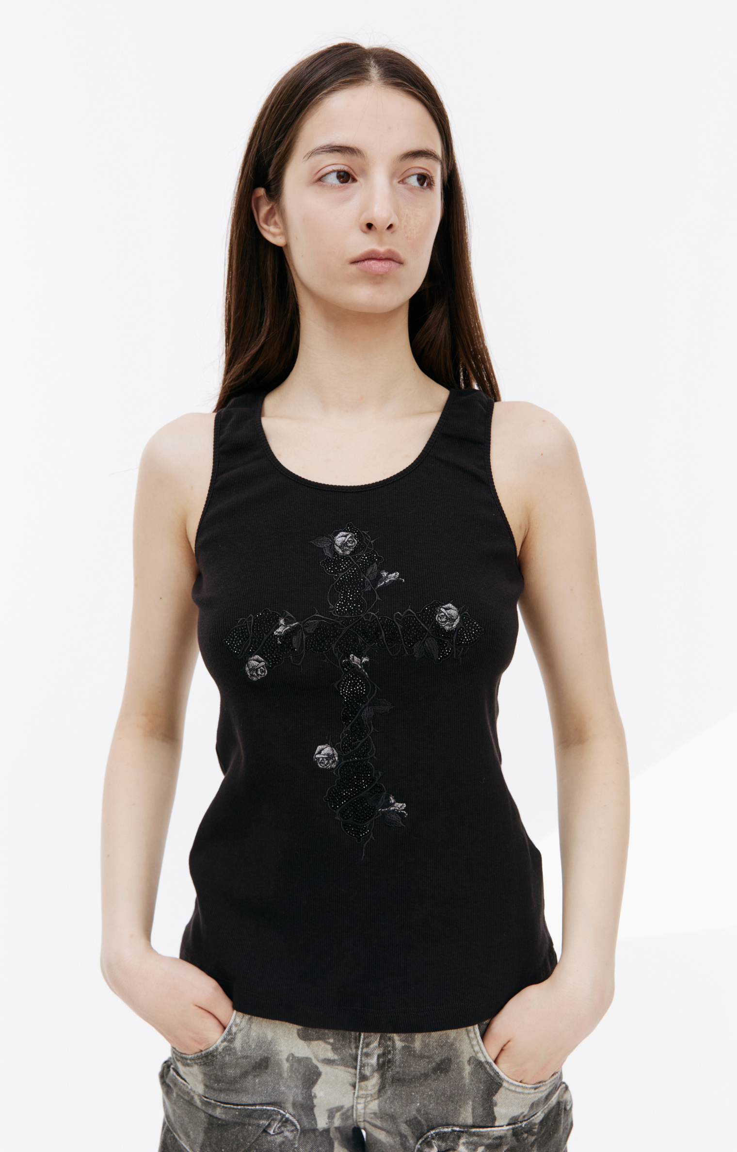 Blumarine Black crystal logo tank top