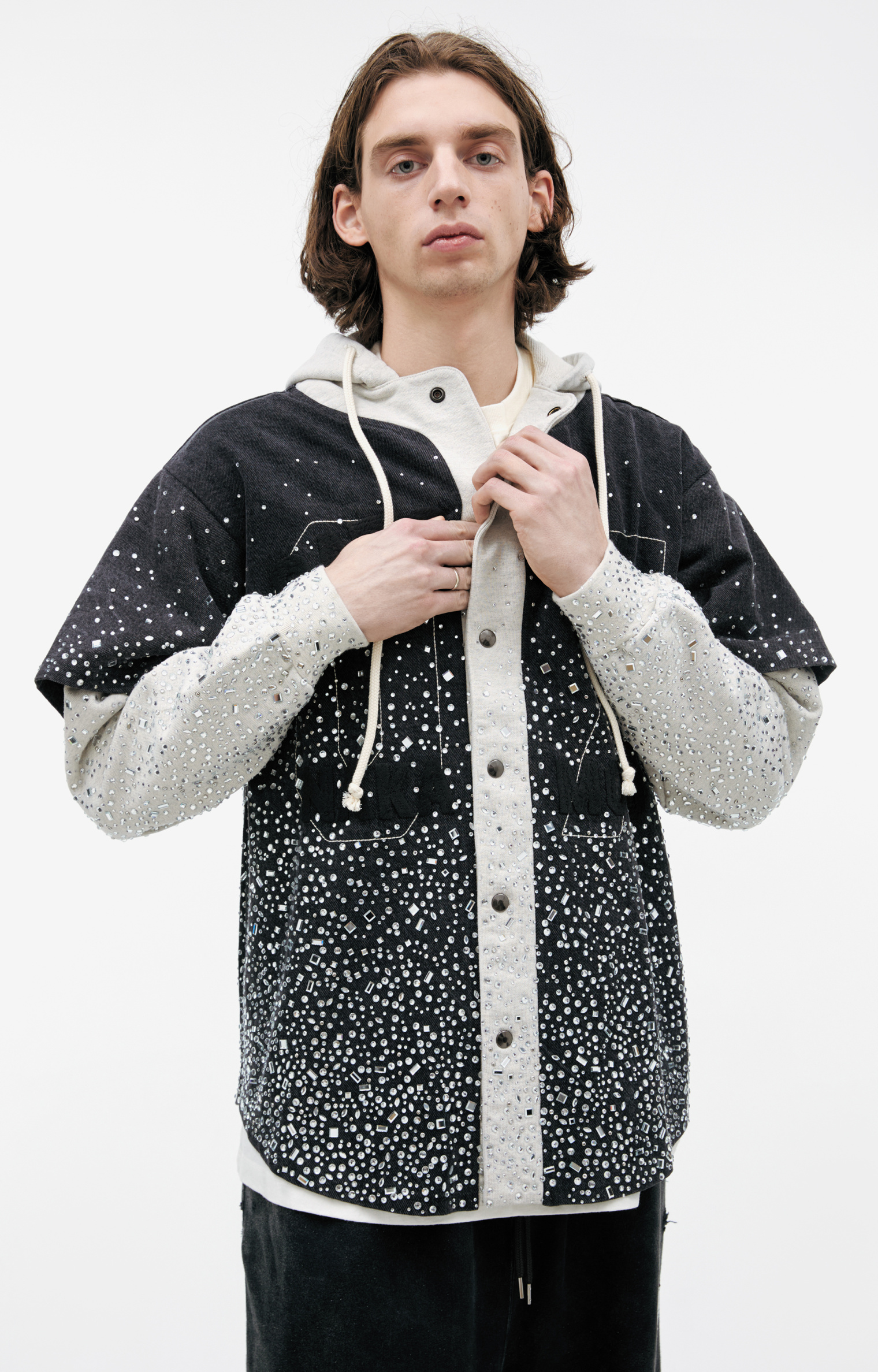 Buy Satoshi Nakamoto men grey denim hoodie with rhinestones for