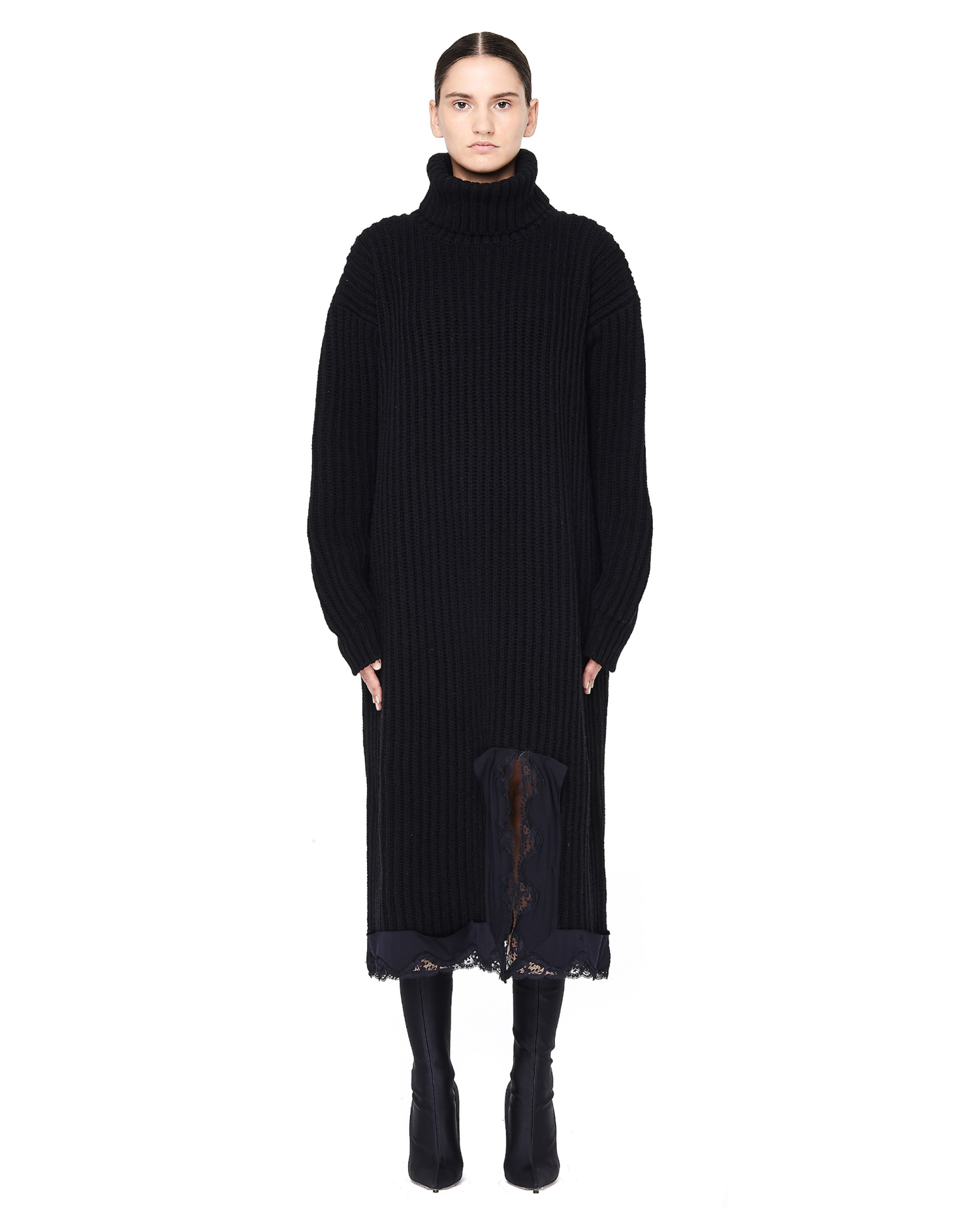 Balenciaga Lace Trimmed Ribbed Turtleneck Dress