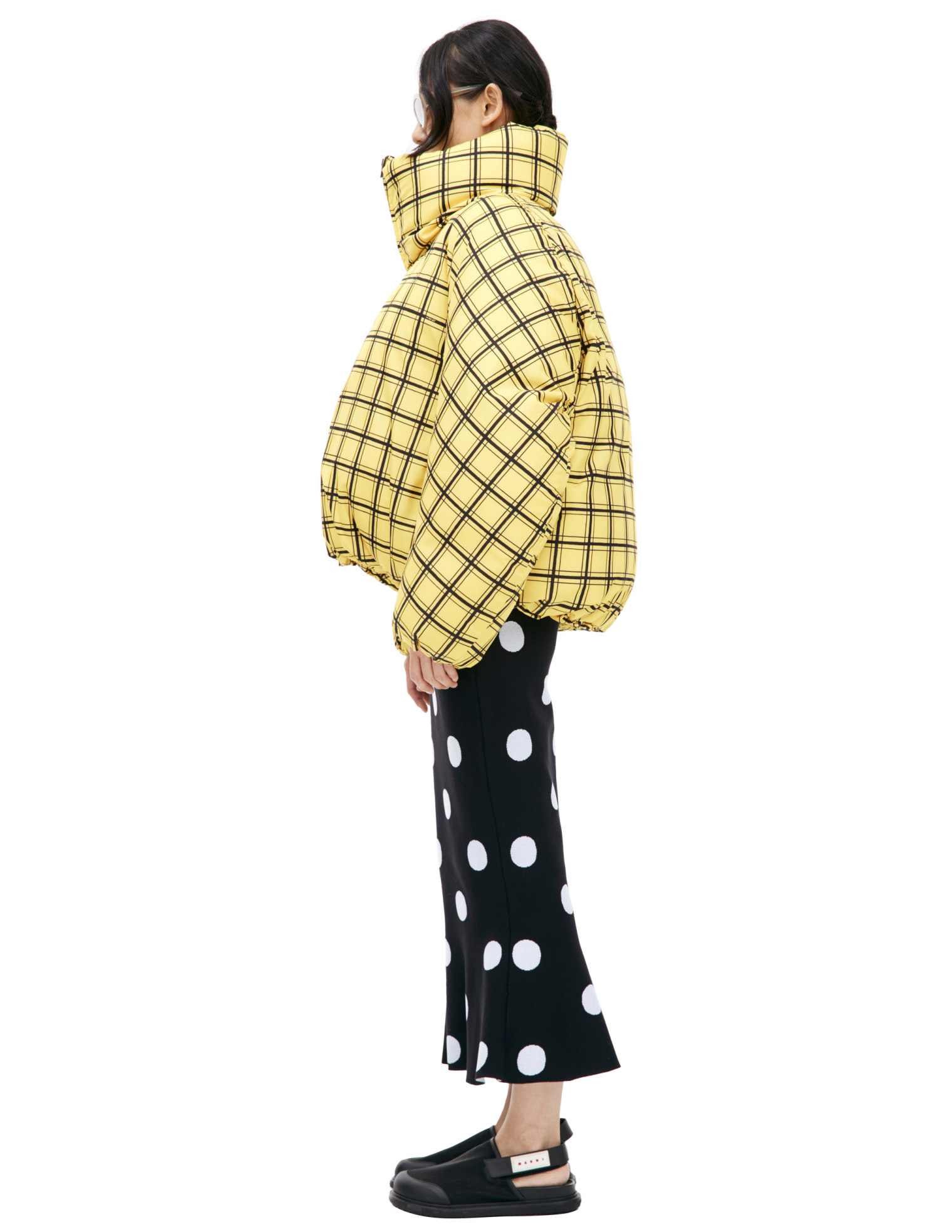 Buy Marni men yellow high-neck plaid down jacket for $1,106