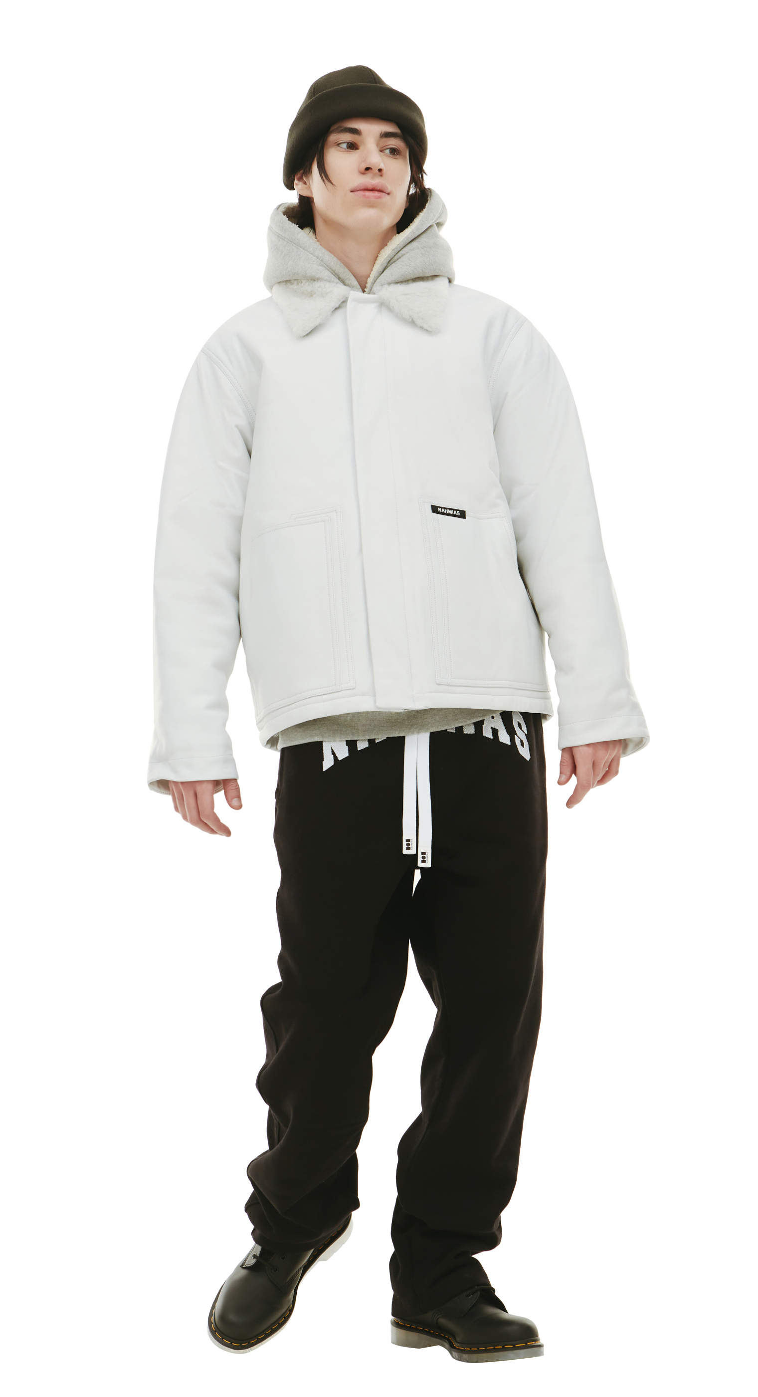 Buy Nahmias men white leather carperent jacket for $2,405 online