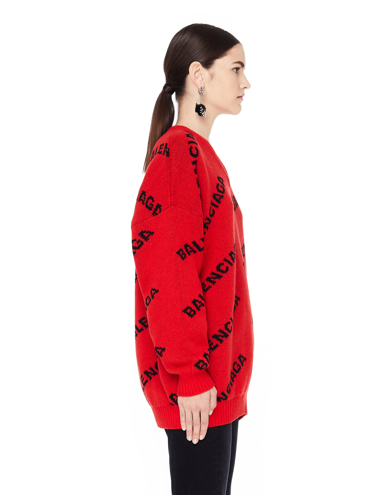 Balenciaga Red V-Neck Logo Sweater