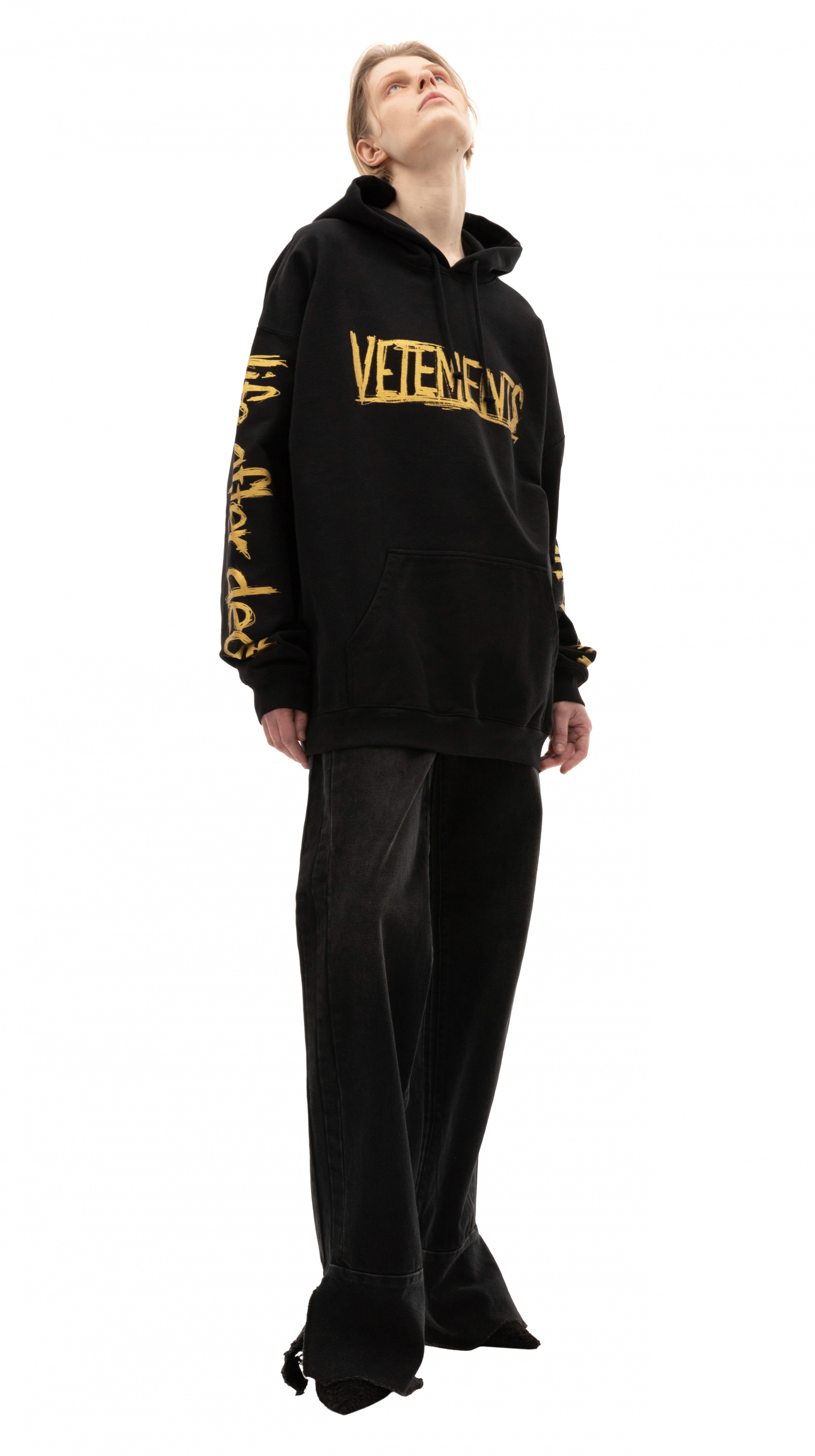 Buy VETEMENTS women black world tour golden prints hoodie for $615