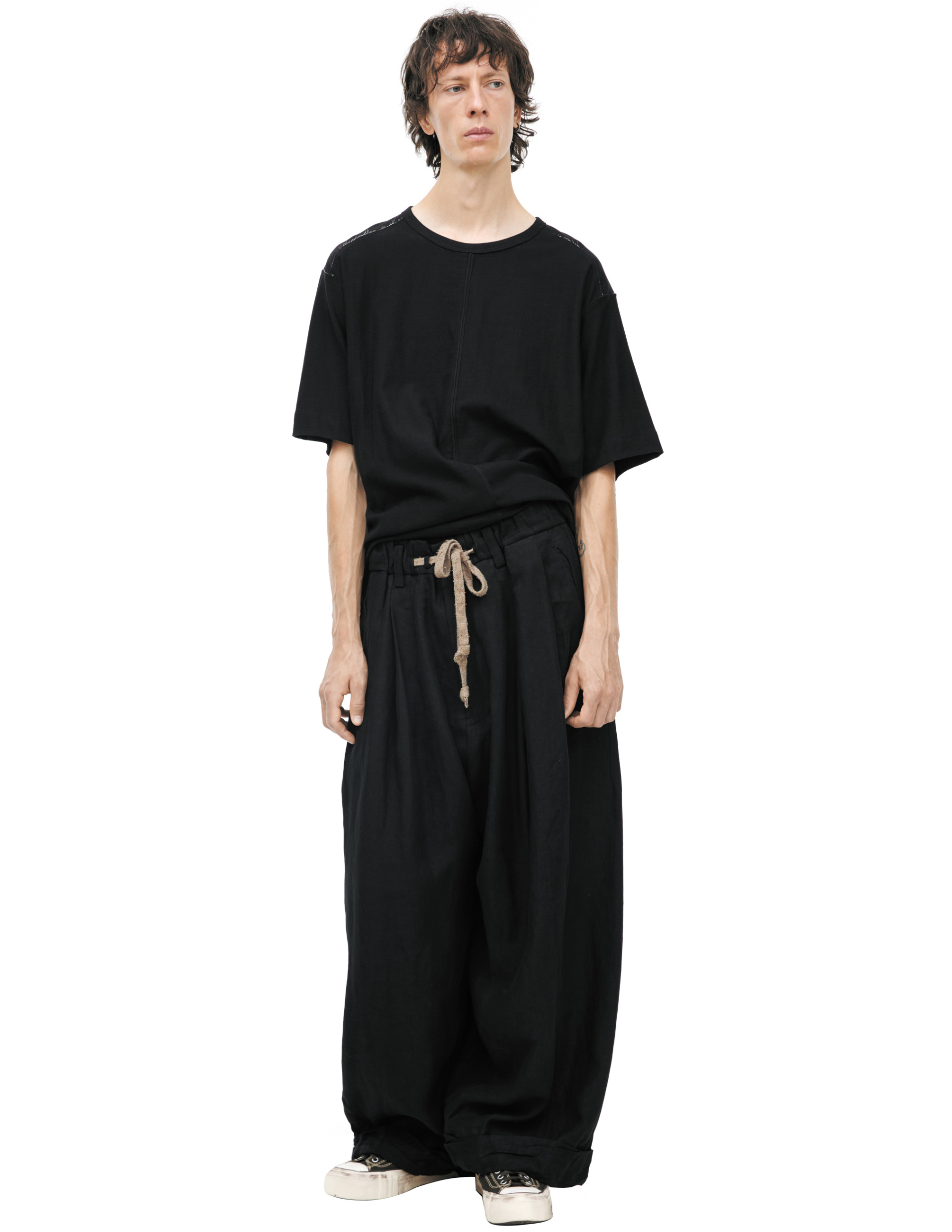 Ziggy Chen Брюки-0M2610521 свободые, с эластичным поясом и защипами, регулируемый низ на завязках, черные