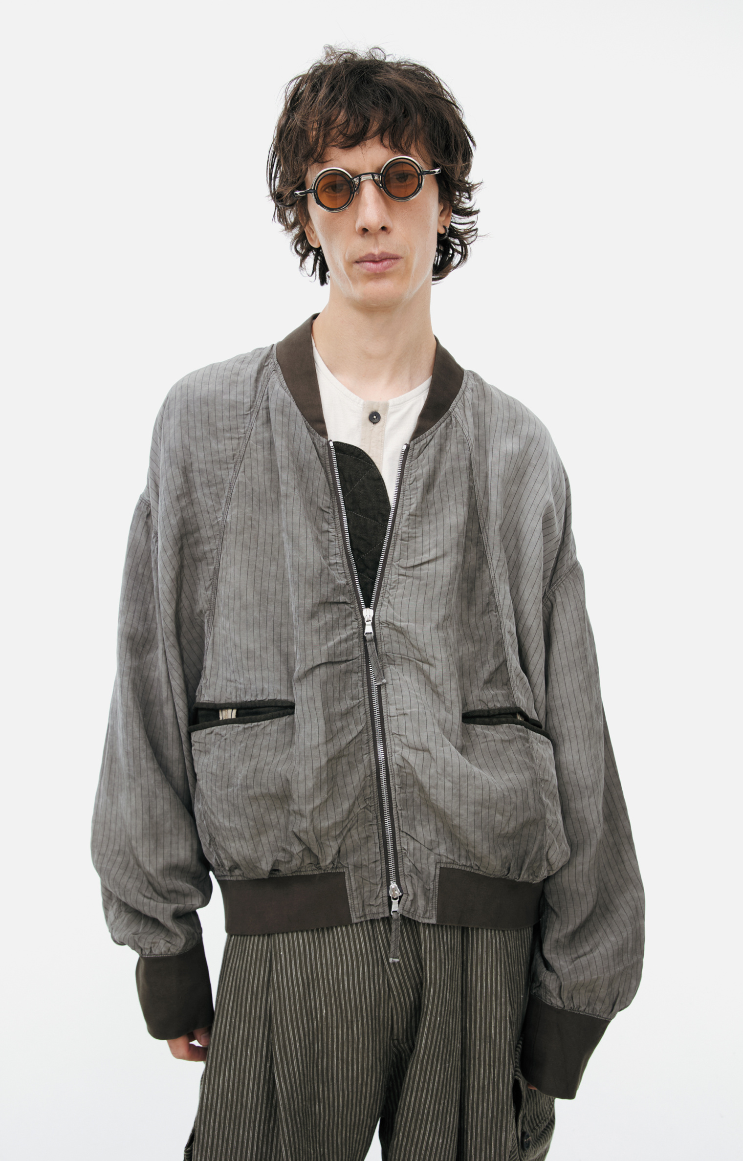 Buy Ziggy Chen men grey striped bomber jacket for $1,468 online on