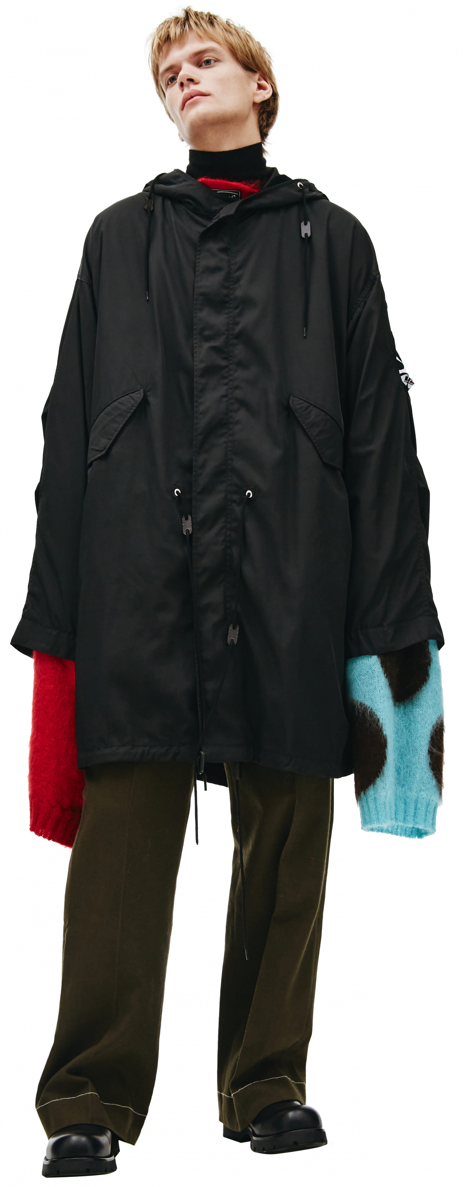 Buy Raf Simons men oversized printed parka in black for $2,153 