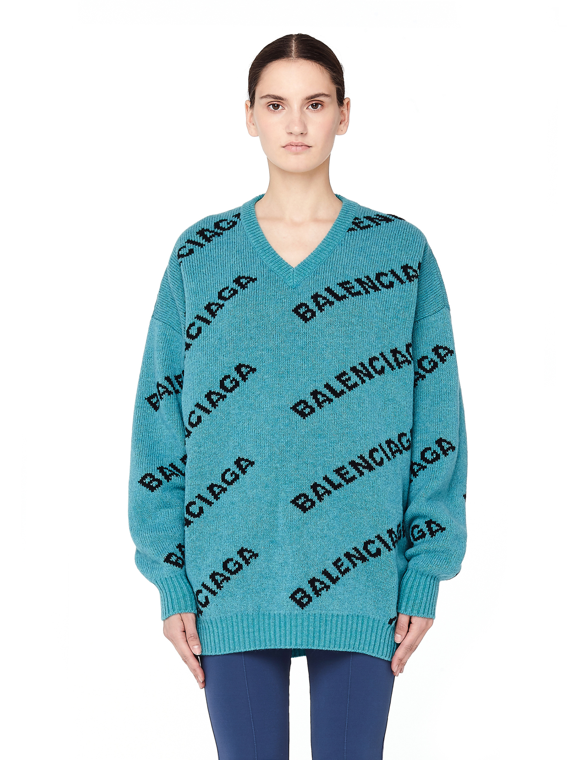 Balenciaga Turquoise Jacquard Logo Wool Sweater