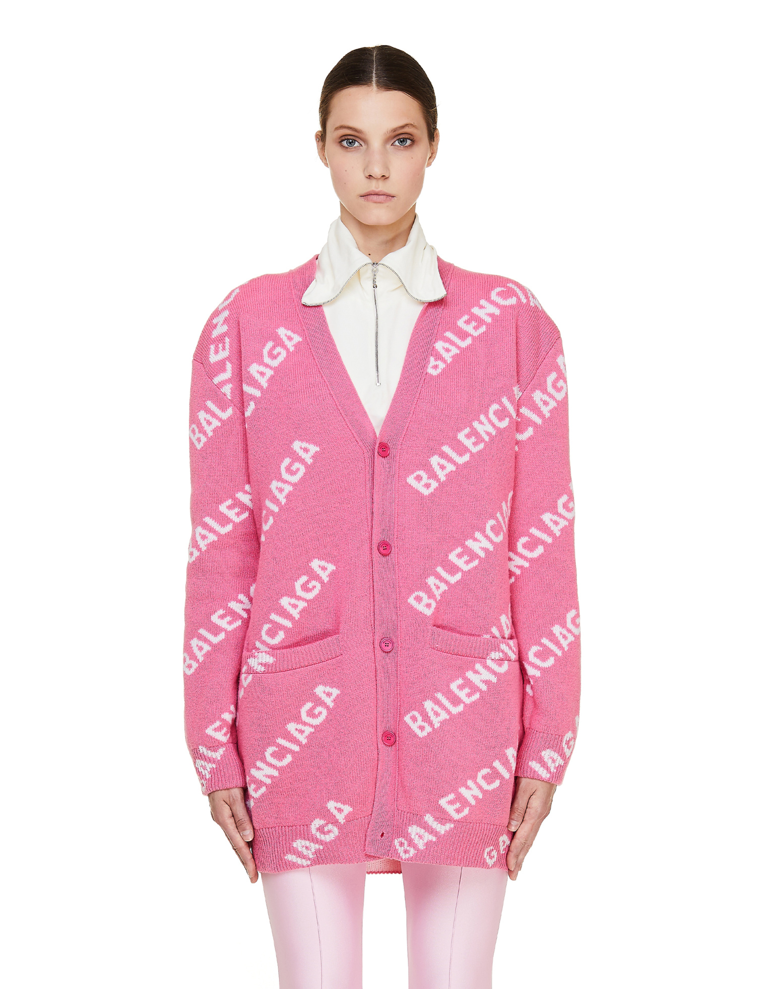 Balenciaga Pink Logo Wool Cardigan