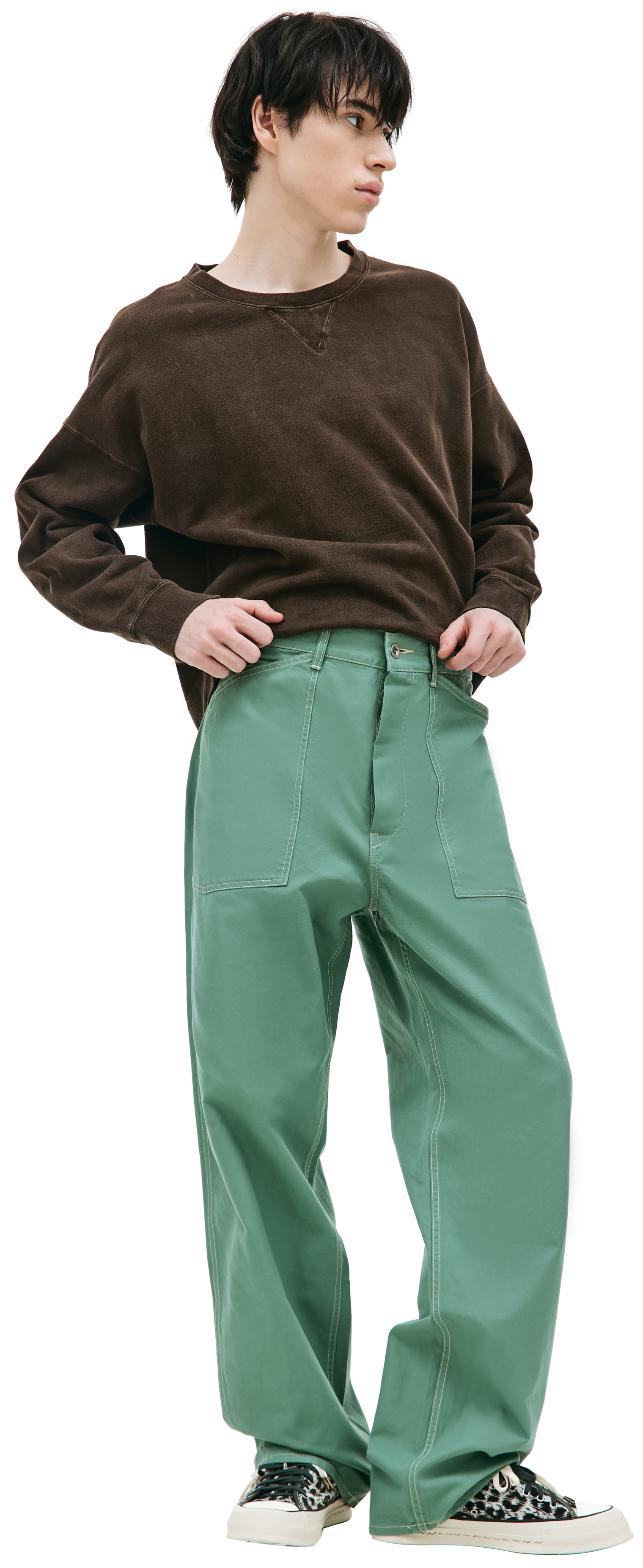 visvim Зеленые брюки Carpenter с накладными карманами