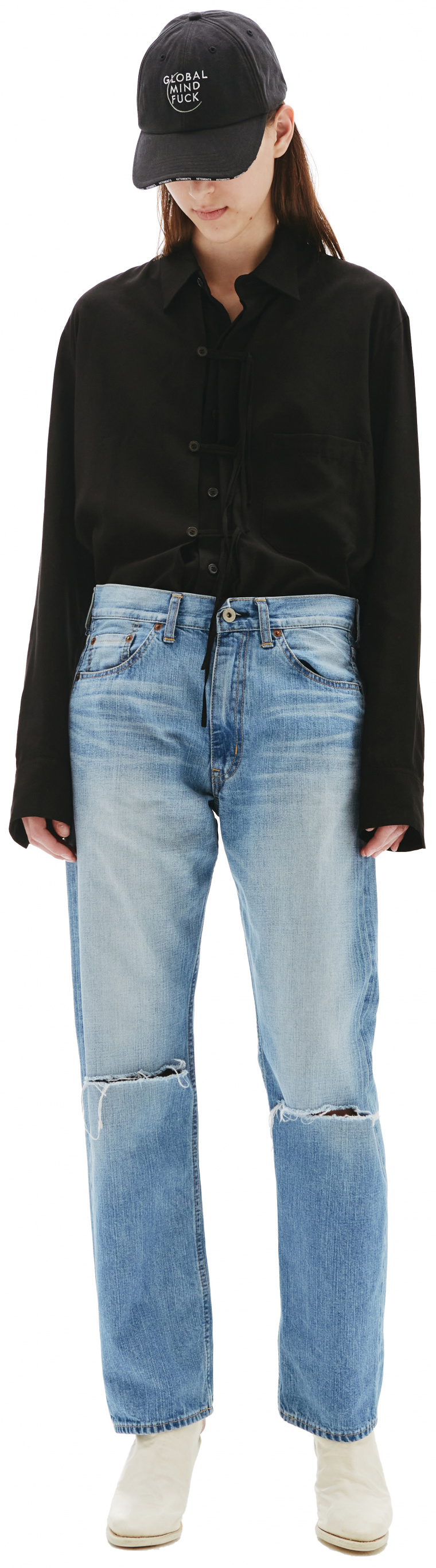 Junya Watanabe Прямые джинсы с рваными коленями