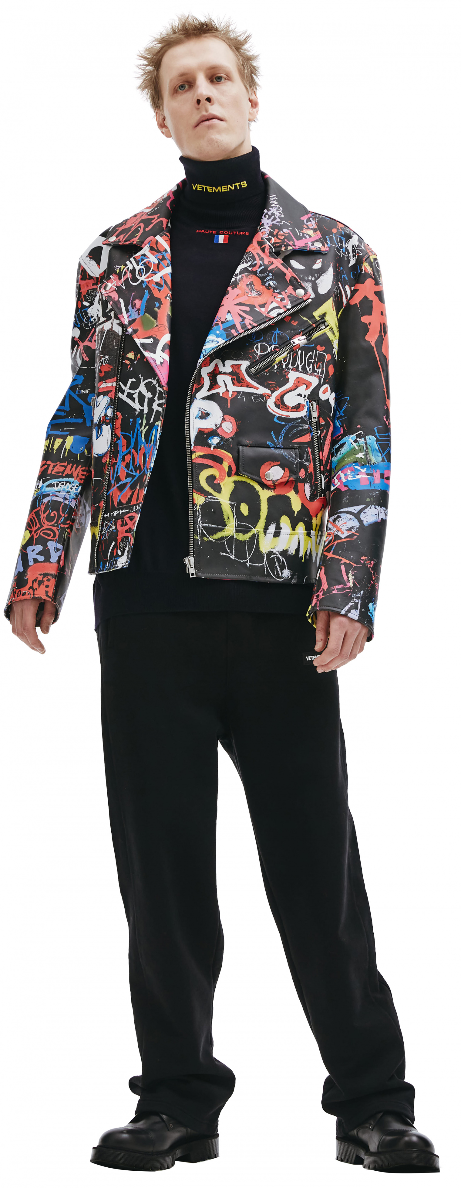 Buy VETEMENTS men multicolor graffiti printed leather jacket for