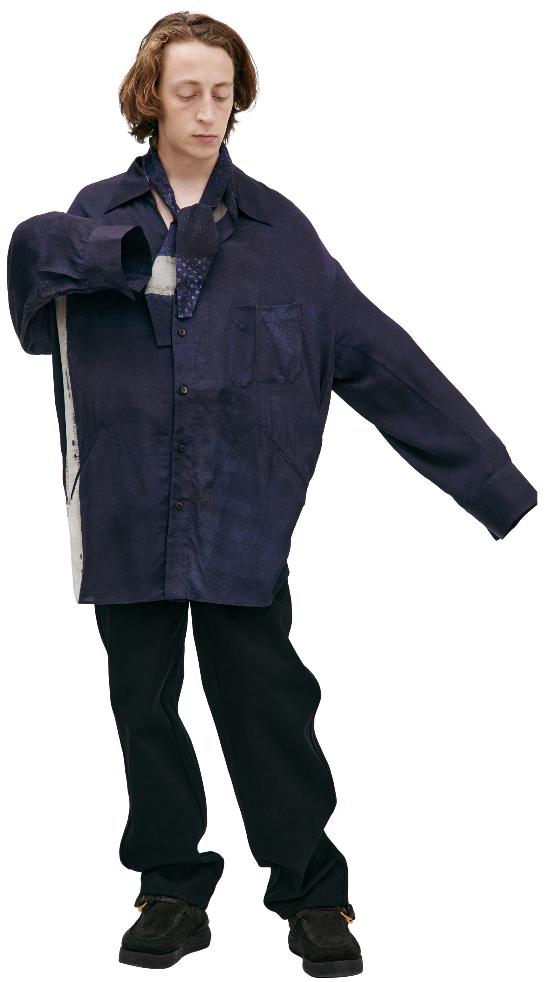 Ziggy Chen Рубашка-0M2520712 белая полоса спереди сзади и на рукаве, темно-синяя