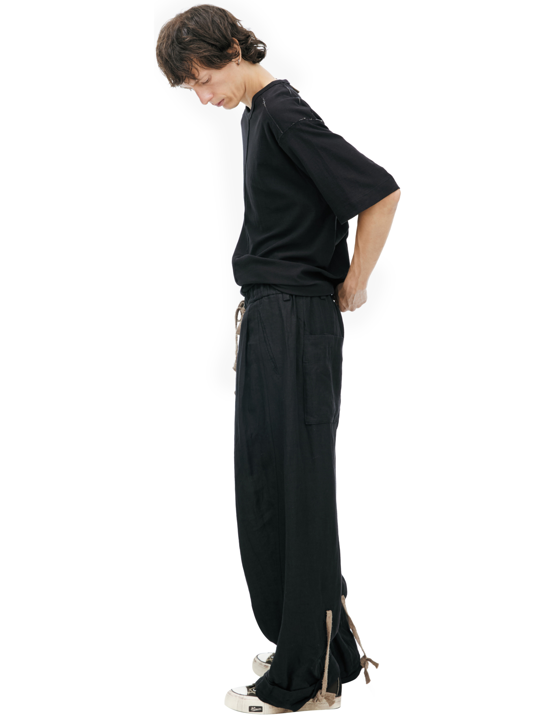 Ziggy Chen Брюки-0M2610521 свободые, с эластичным поясом и защипами, регулируемый низ на завязках, черные