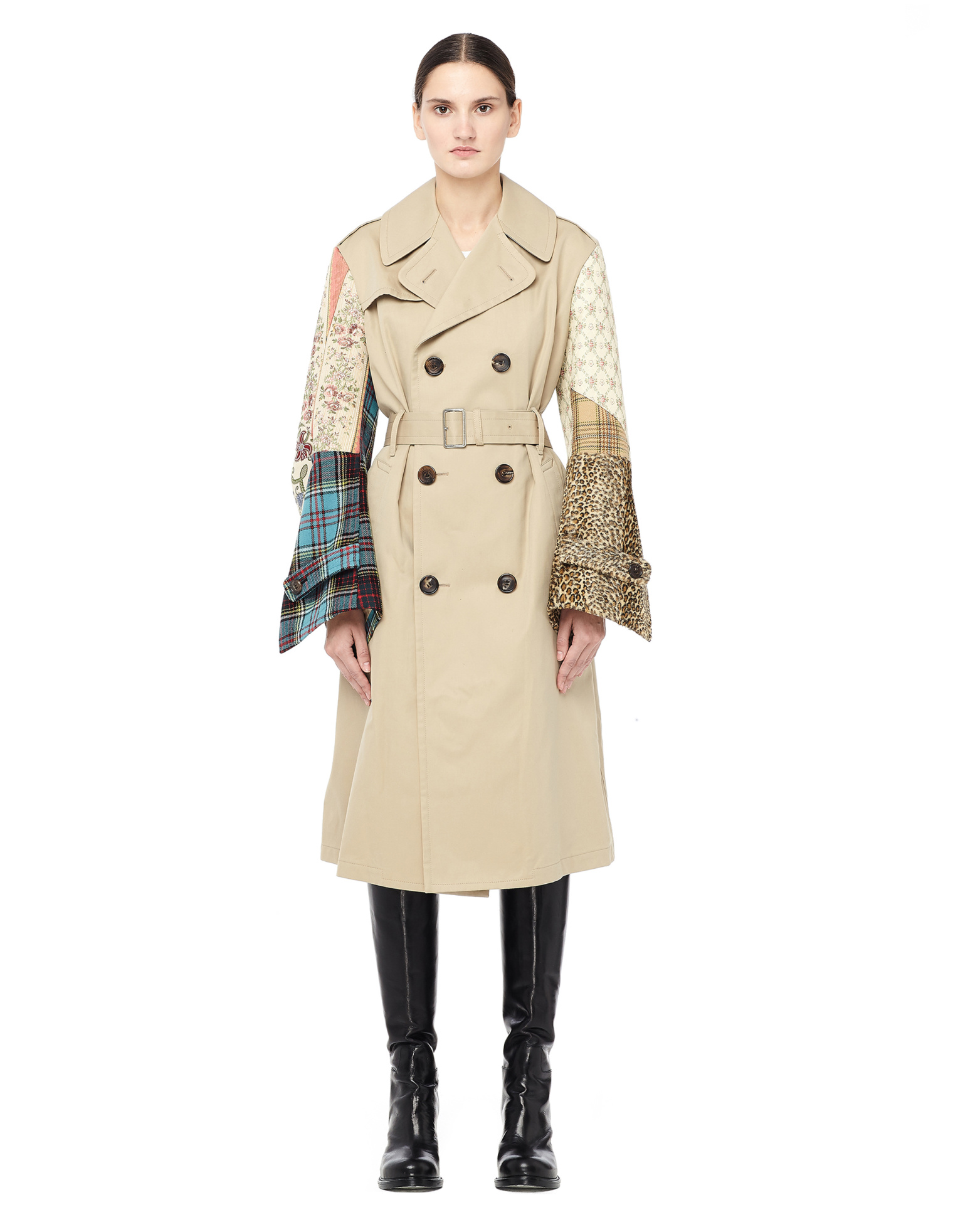 Buy Junya Watanabe women beige patchwork-sleeve trench coat