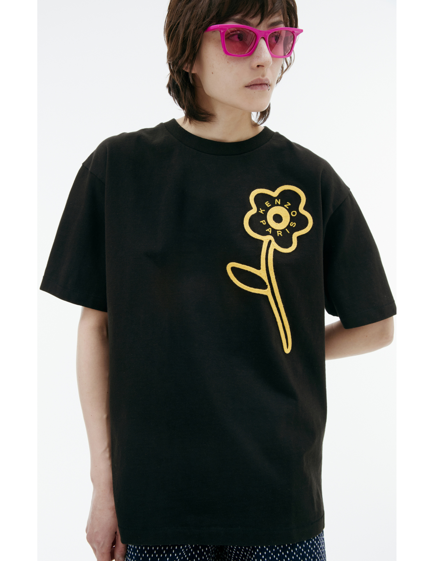 KENZO Футболка-FD65TS1144SI желтая нашивка цветок на груди, кензо париж на спине, черн