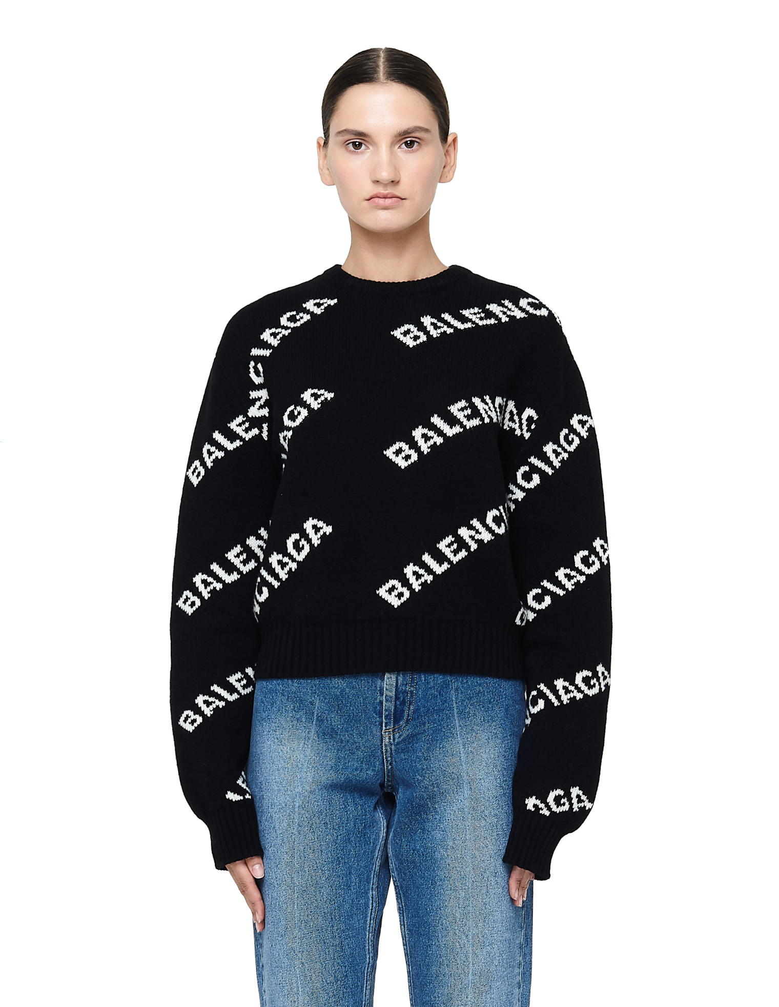 Balenciaga Black Wool Jacquard Logo Crewneck