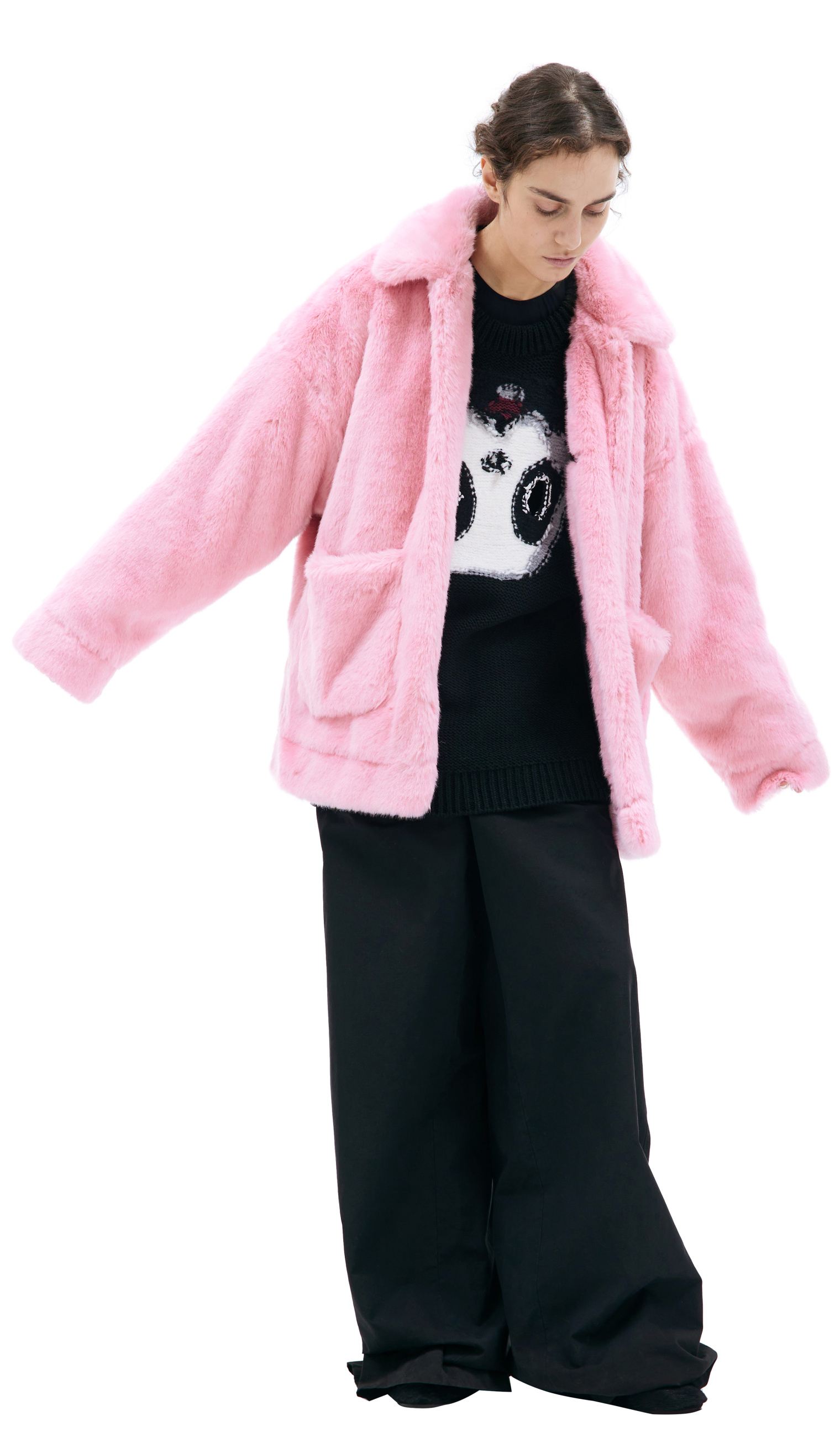 Buy Doublet women pink hand-painted faux-fur jacket for $1,425