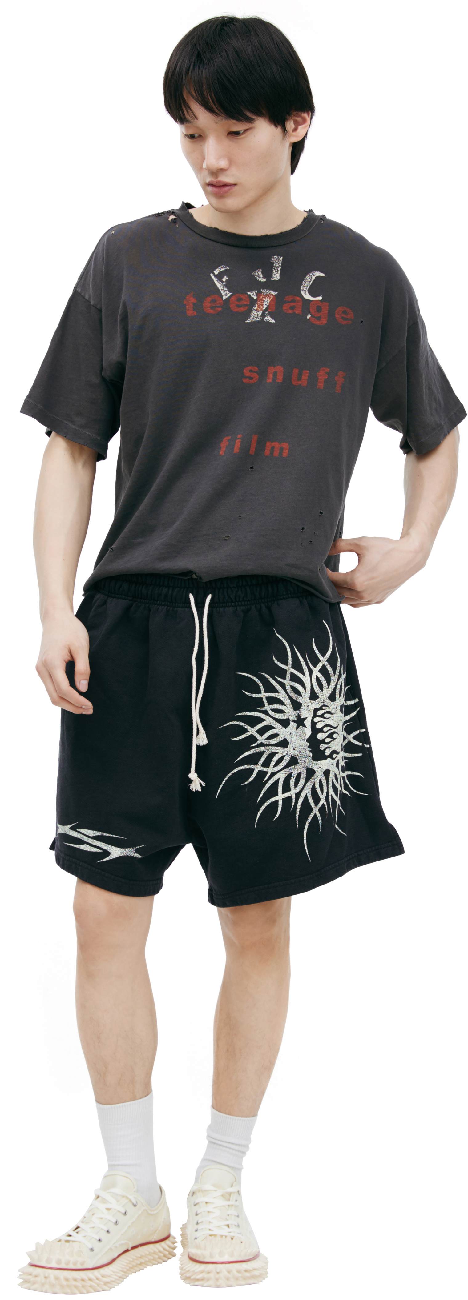 Buy Hellstar men black printed cotton shorts for $238 online on