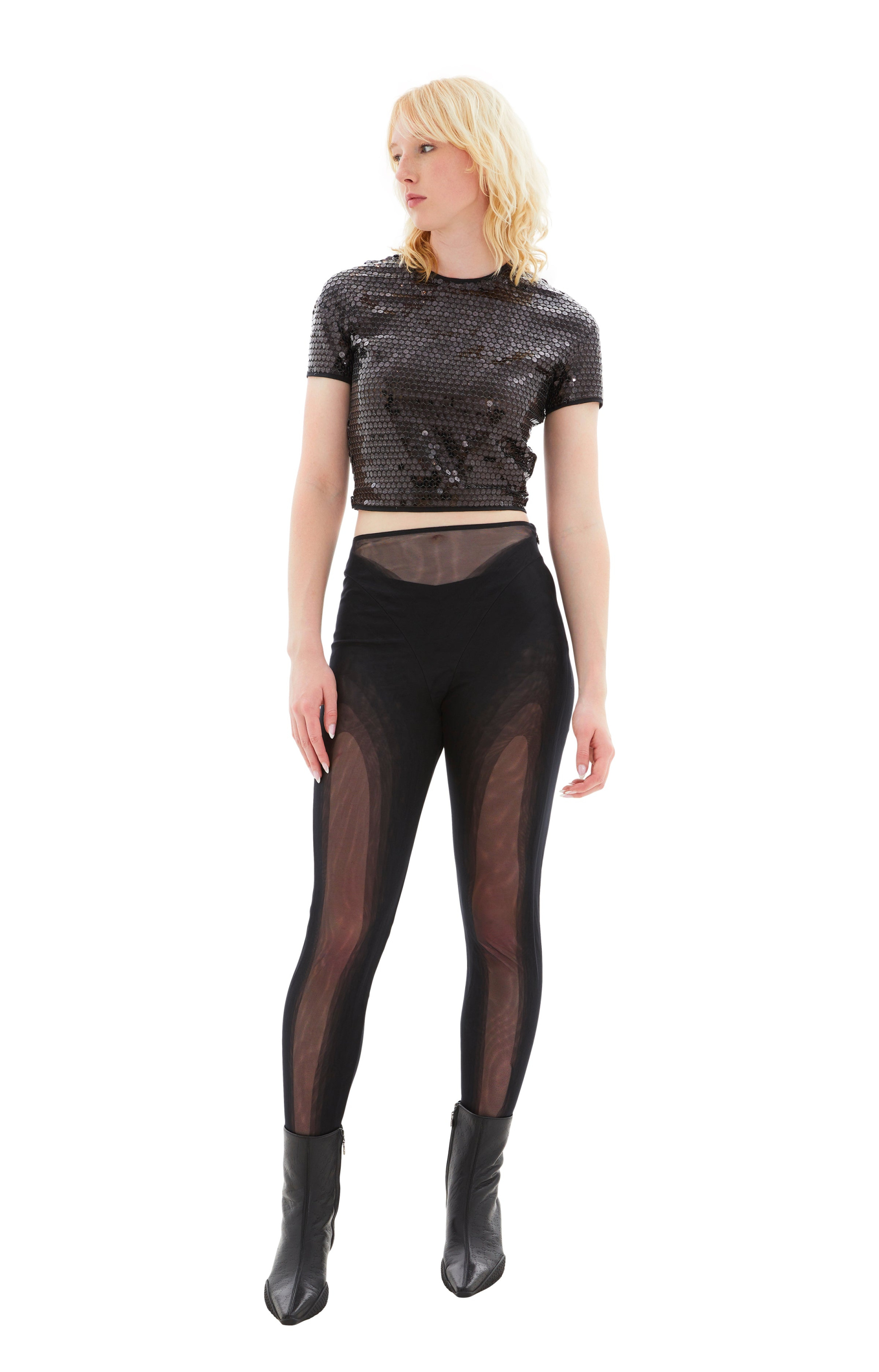 Mugler Tulle Stretch Top with Sequins