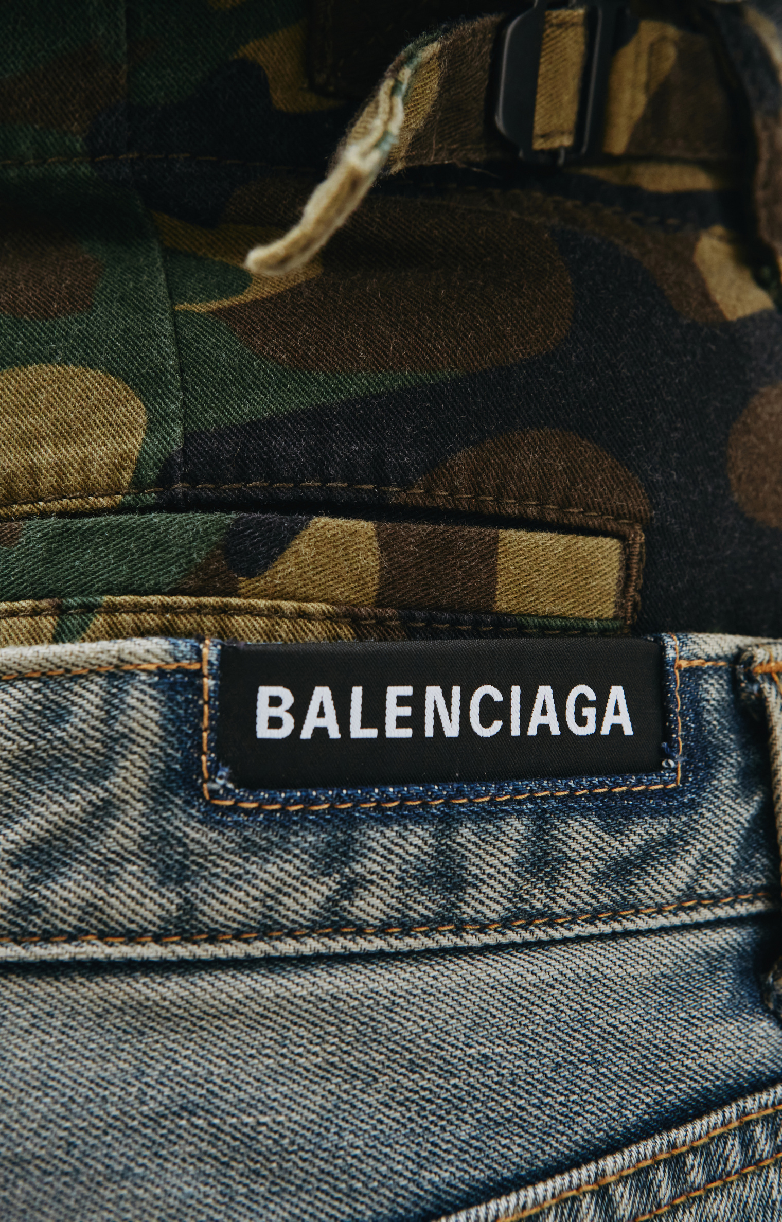 Balenciaga Blue Jeans with camouflage waistband