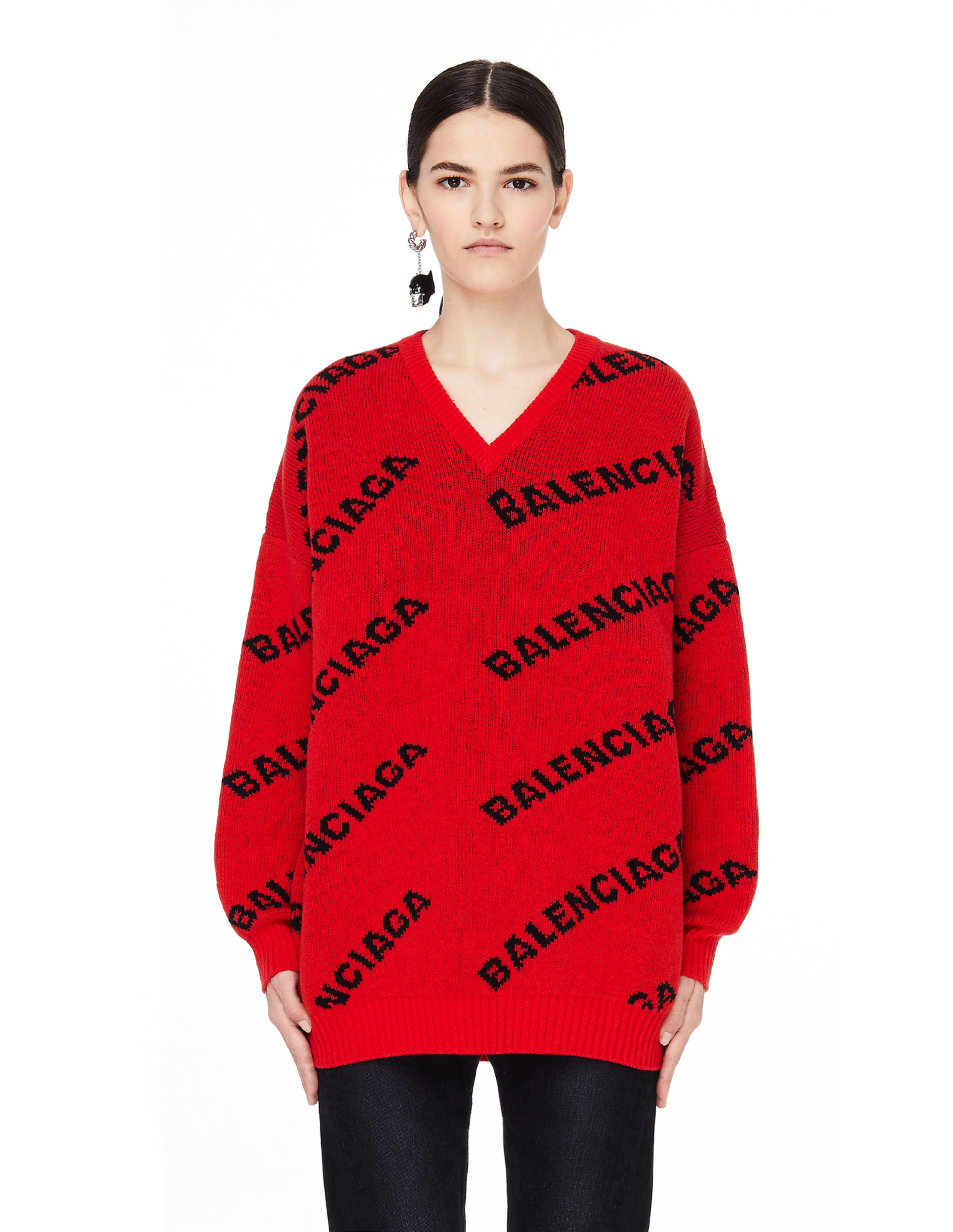 Balenciaga Red V-Neck Logo Sweater