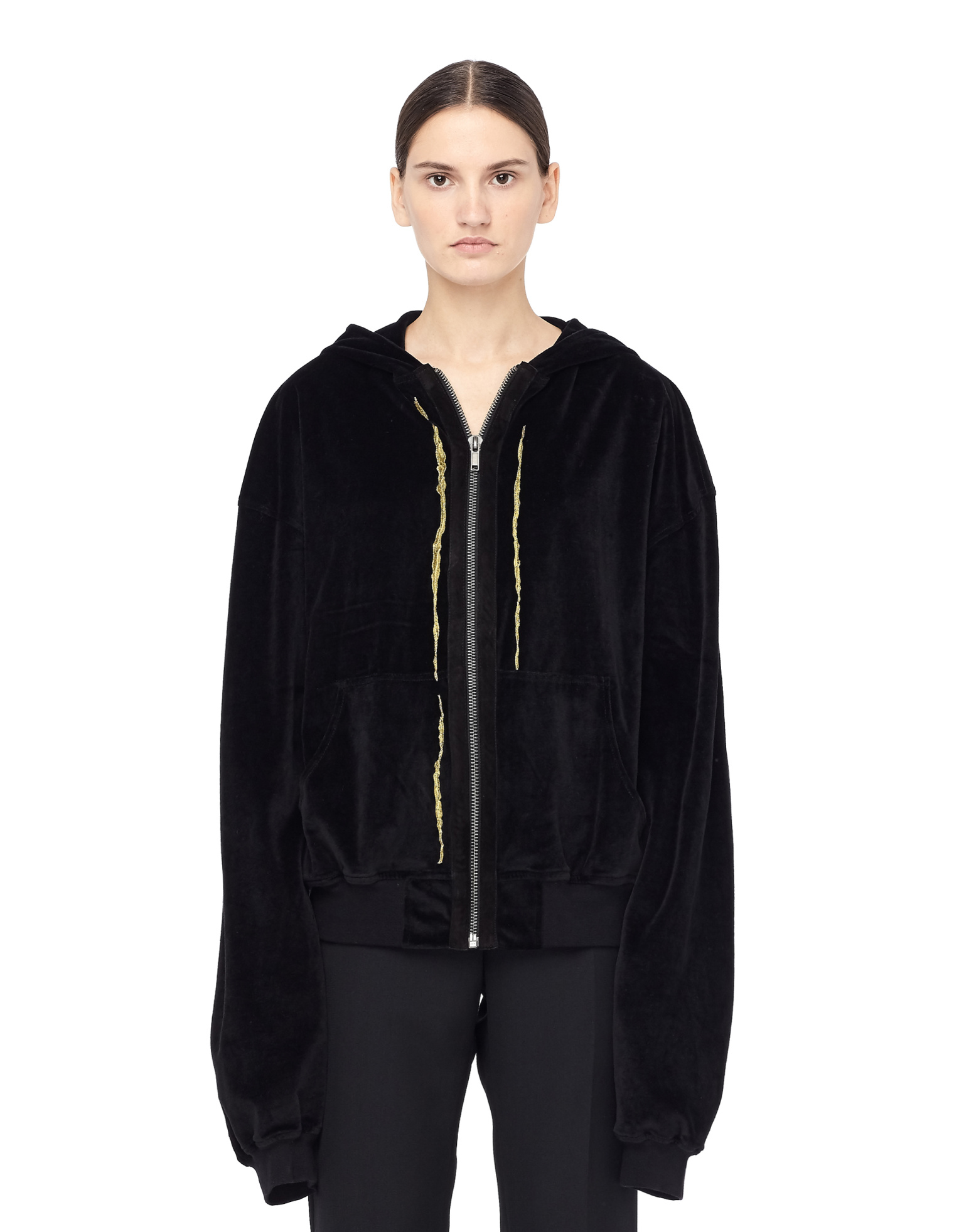 Haider Ackermann Velvet Zip Up Embroidered Hoodie