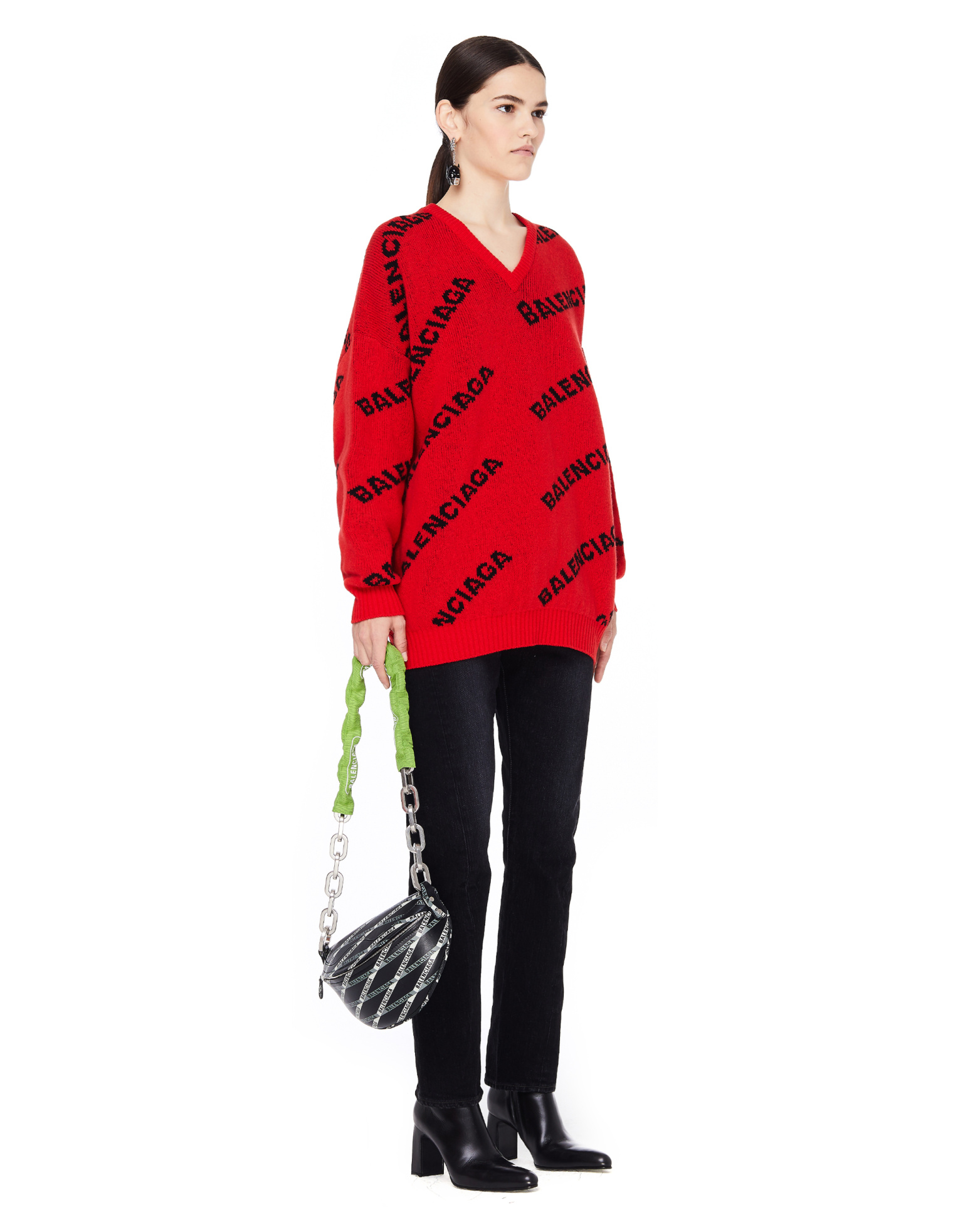 Balenciaga Red V-Neck Logo Sweater