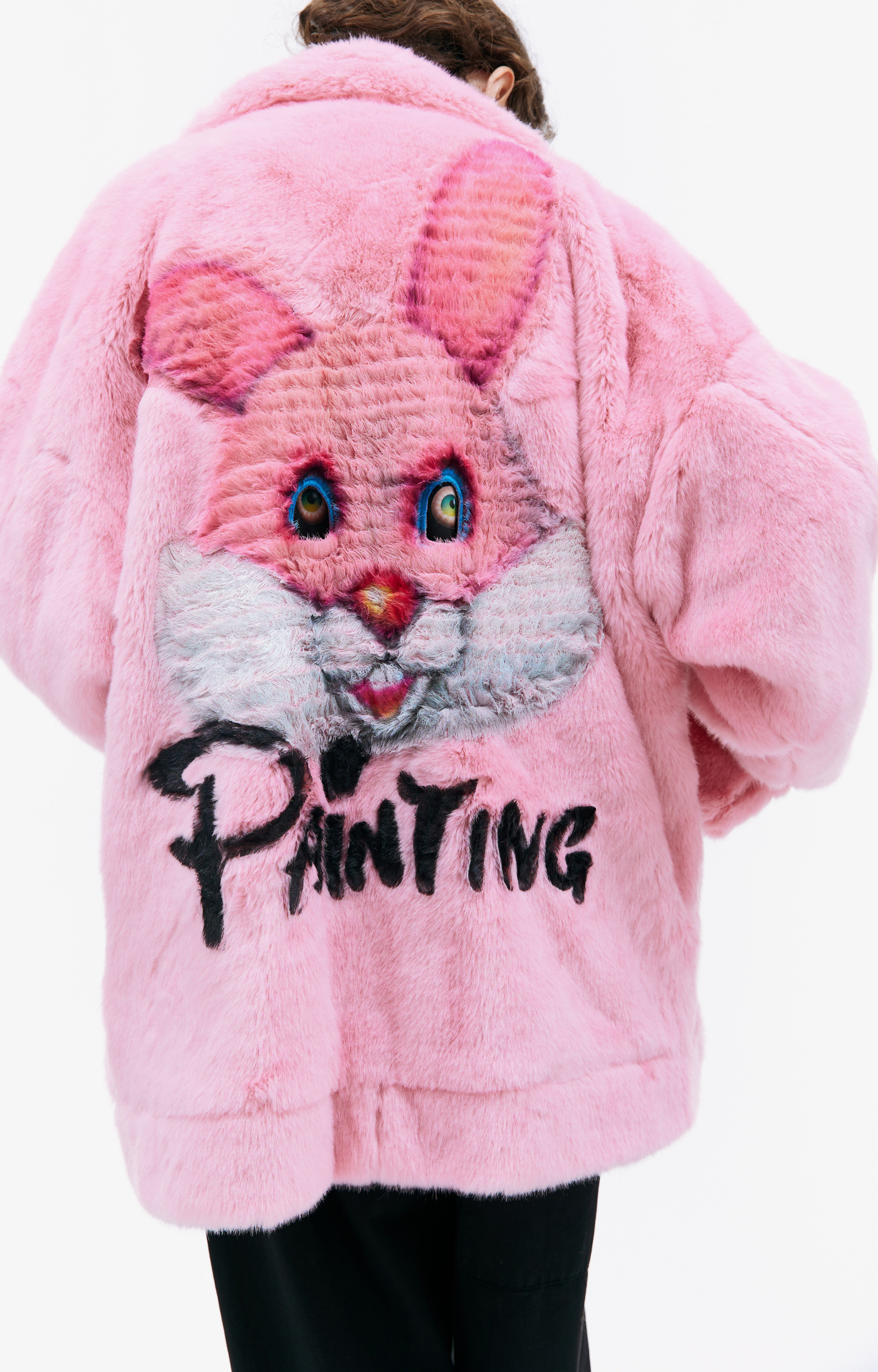 Buy Doublet women pink hand-painted faux-fur jacket for $1,425