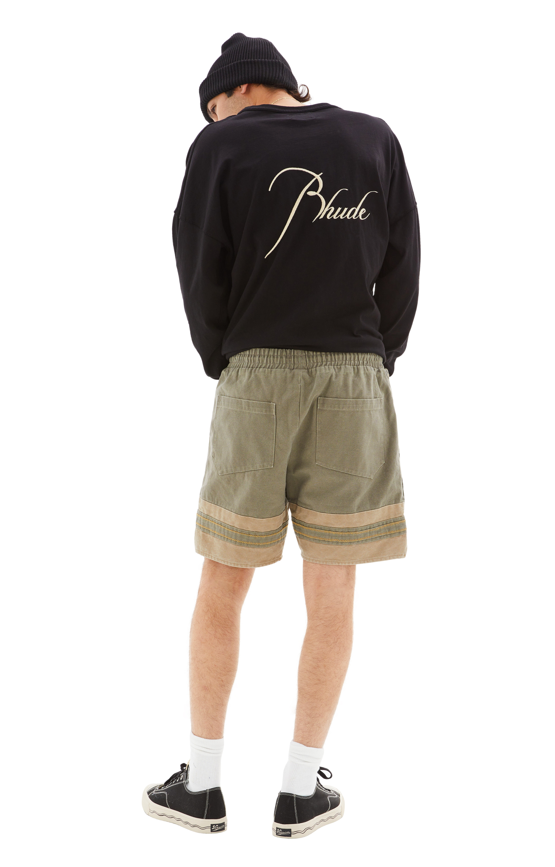 RHUDE Шорты-RHFW23SH044188781878 боксерские, нашивка большое беж лого спереди, хаки