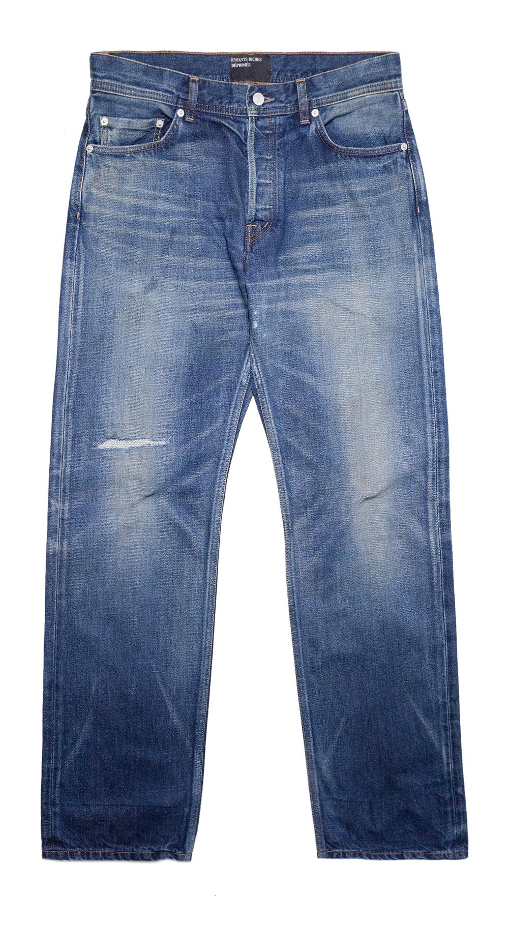 Enfants Riches Déprimés Джинсы-05-0447 варенные  к низу темнеют,разрез на правой штанине,синие