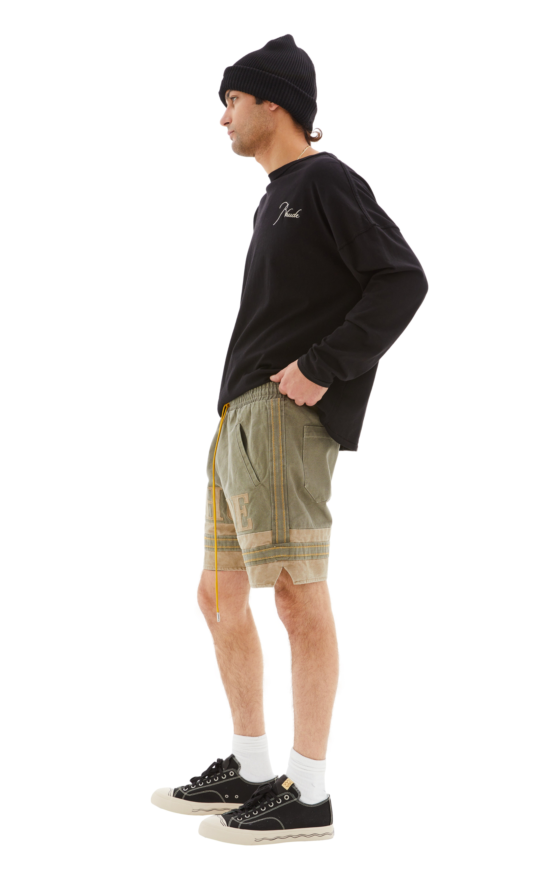 RHUDE Шорты-RHFW23SH044188781878 боксерские, нашивка большое беж лого спереди, хаки