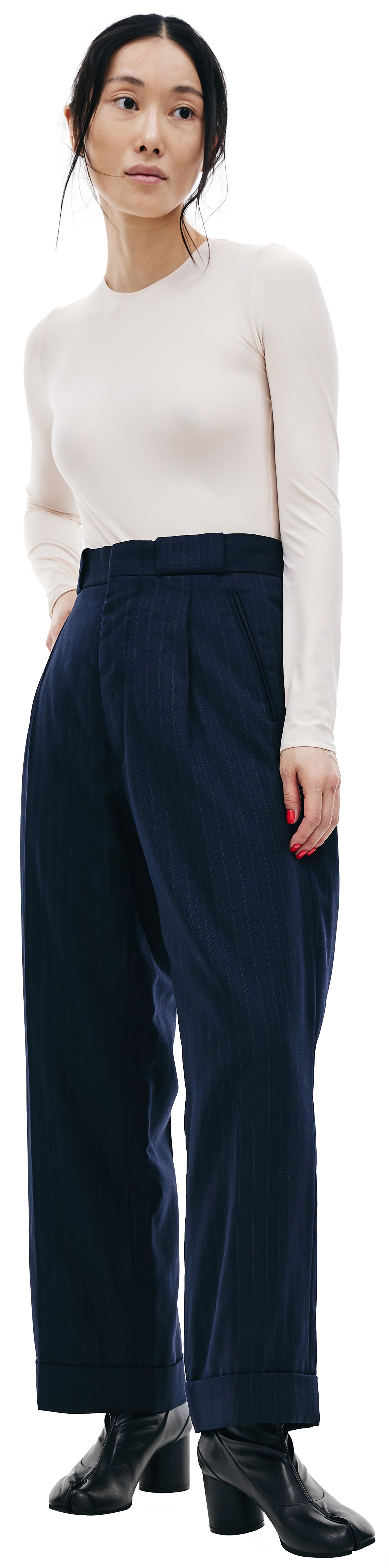 Buy Maison Margiela women navy blue striped padded wool trousers