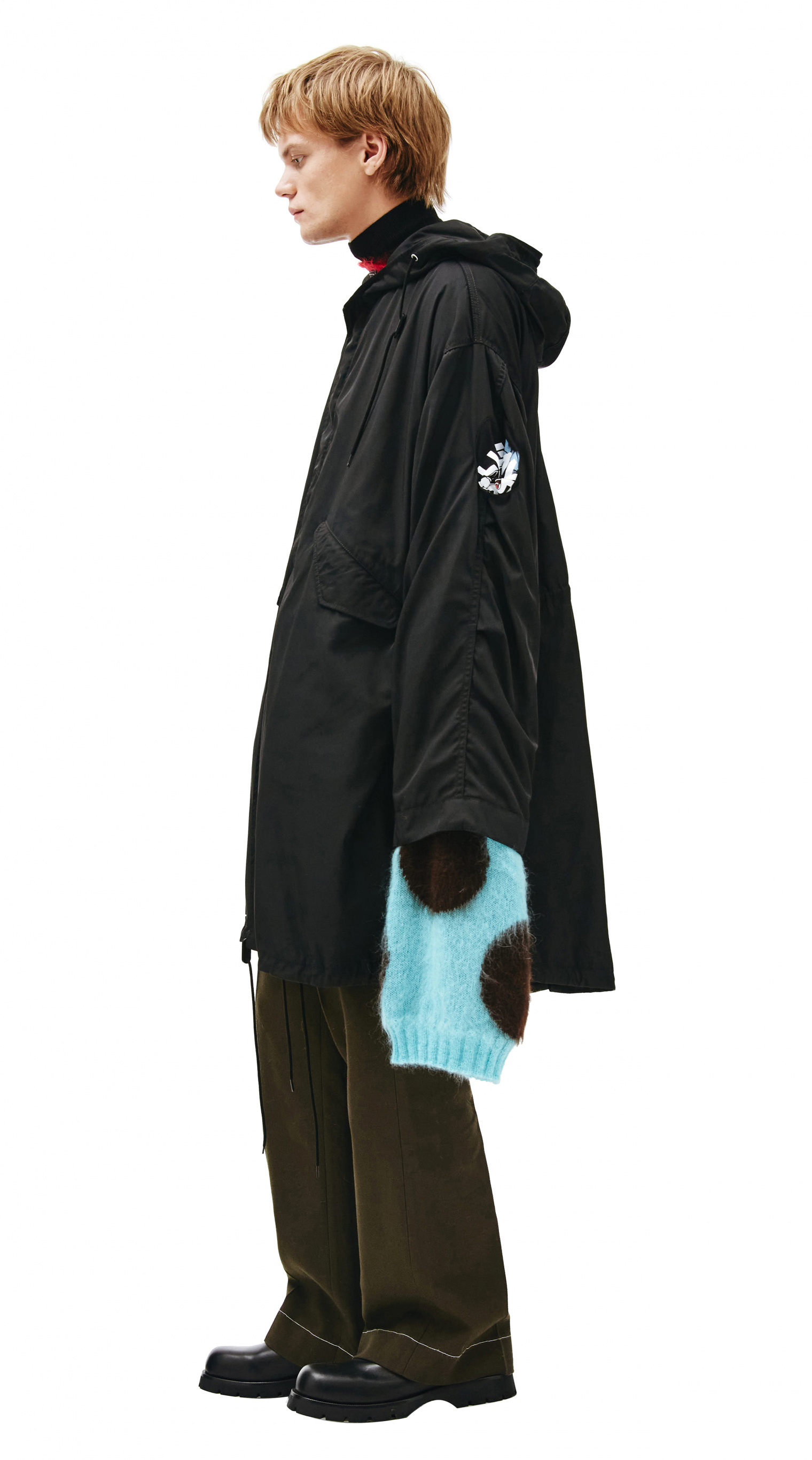 Buy Raf Simons men oversized printed parka in black for $3,075