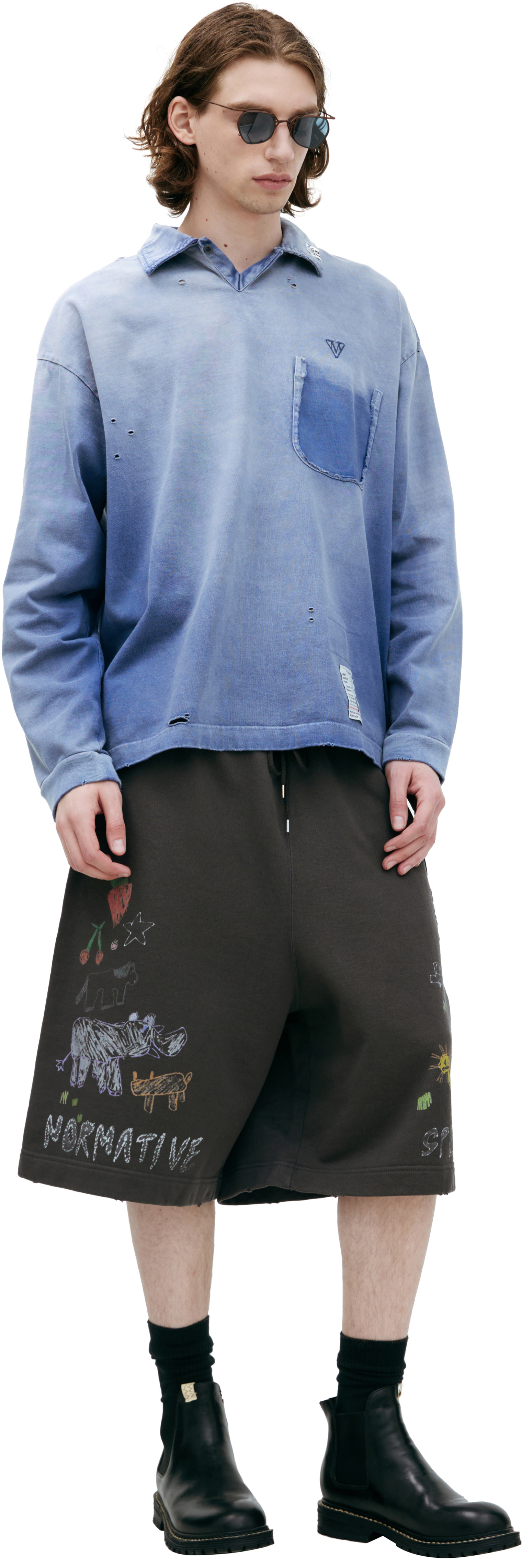 Buy Maison Mihara Yasuhiro men blue polo with a distressed look